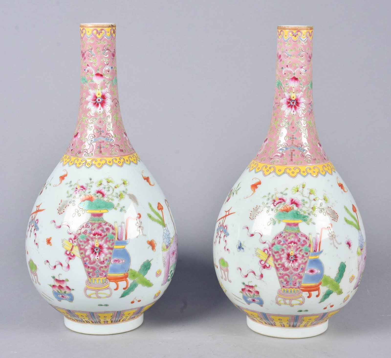 Pair of Chinese Famille Rose Vases: Pair of Chinese Famille Rose porcelain vases, seal mark to base, 12-1/2" h x 6" w