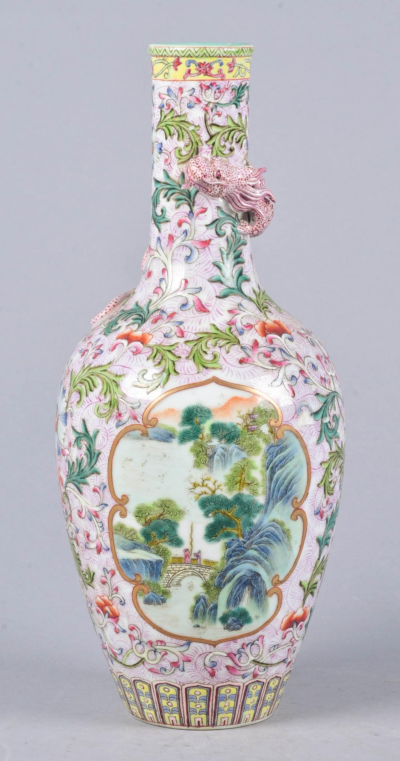 Chinese Famille Rose Bottle Vase: Chinese Famille Rose porcelain bottle vase, applied dragon around neck, floral ground with landscape medallions, seal mark to base, 11-1/4" h x 4-3/4" dia