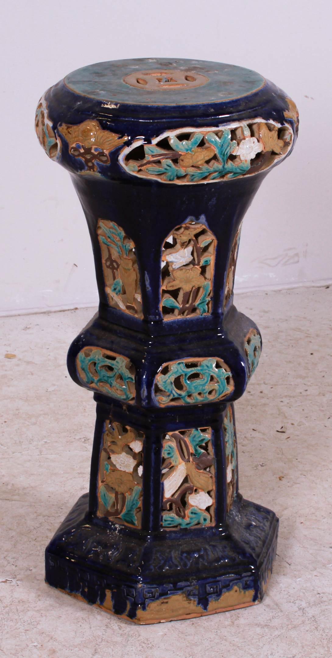 Chinese glazed pottery pedestal: Chinese glazed pottery pedestal, 30" h x 14" dia