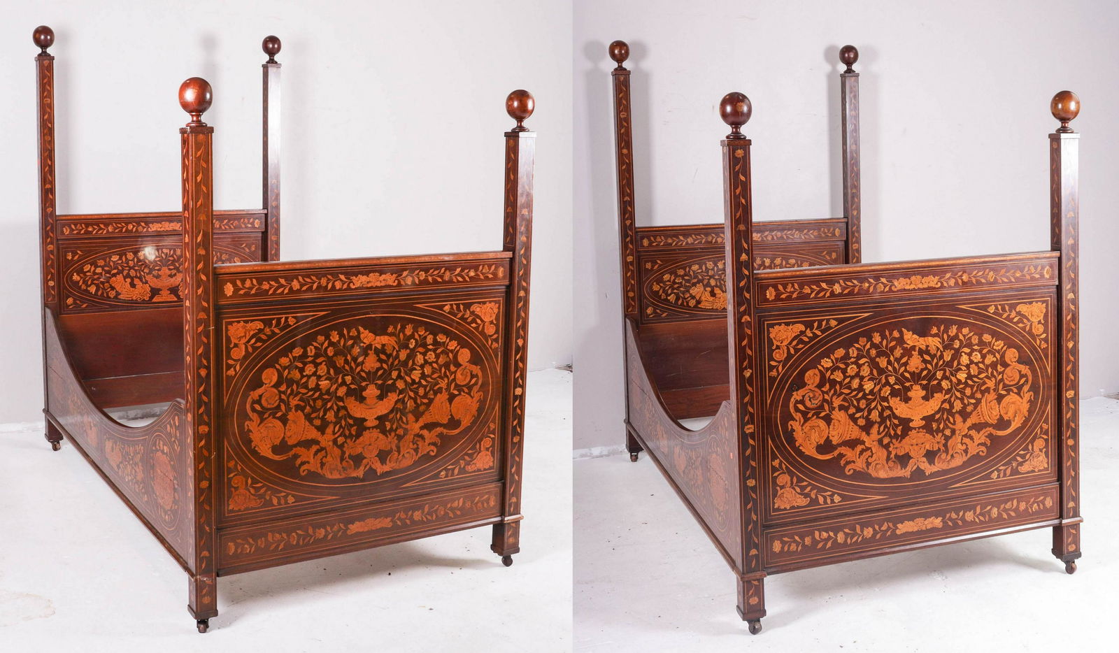 Pair Herts Bros marquetry inlaid Dutch style twin size (1 of 20)