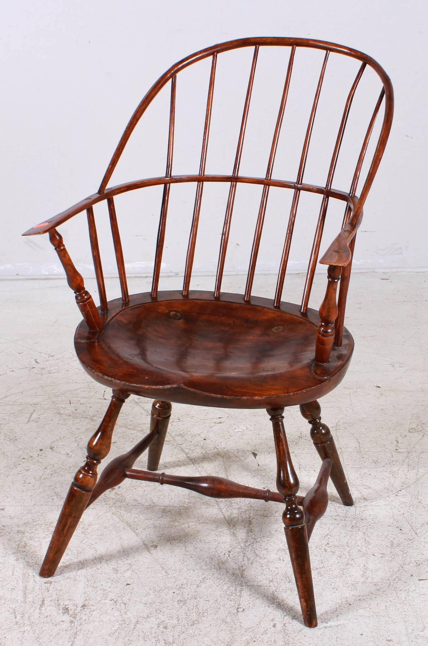 Sack Back Windsor armchair: Sack Back Windsor armchair, foxtail pinned, turned stretcher, recently refinished, 36"h x 22"w x 18"d