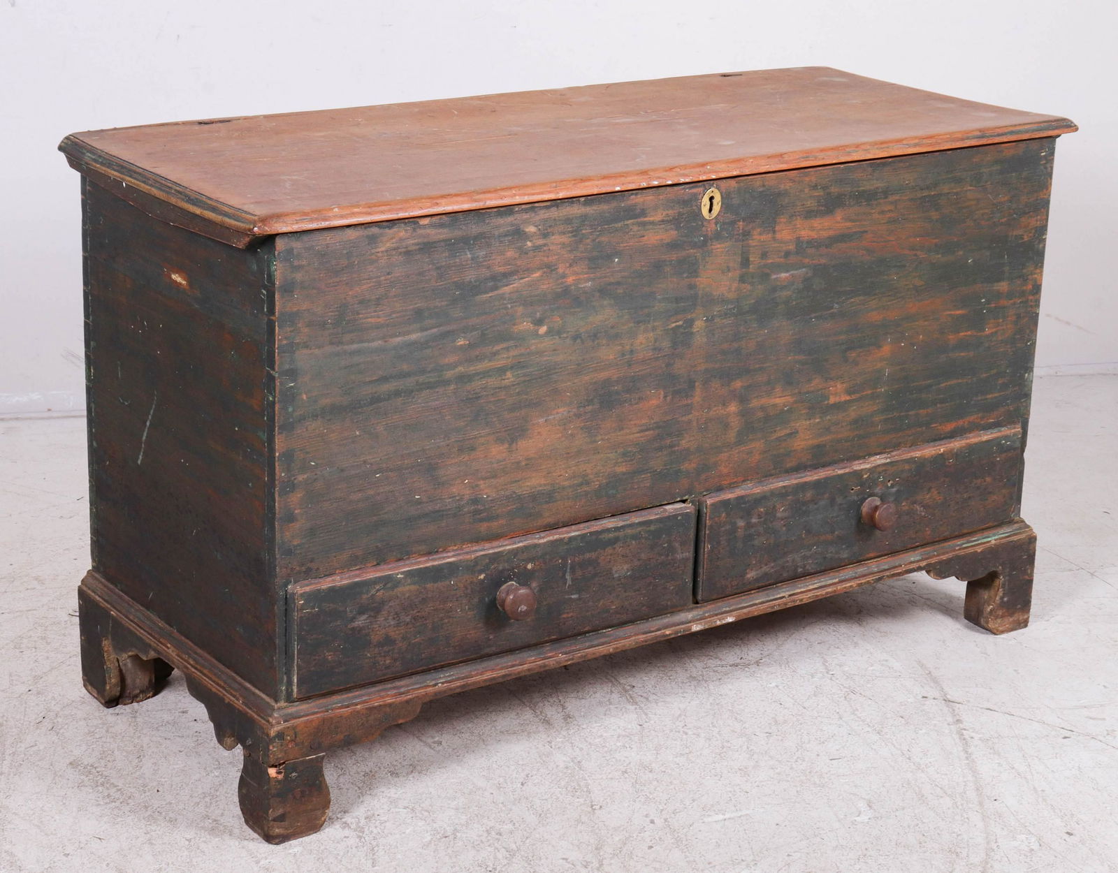 Blue/green painted pine 2 drawer blanket chest, 18th c (1 of 10)