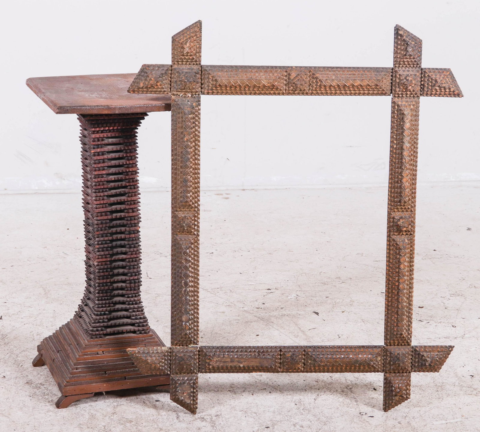 Tramp Art pedestal: Tramp Art pedestal, 24"h x 12"square, wear to finish, along with Tramp Art frame, 35" x 24"