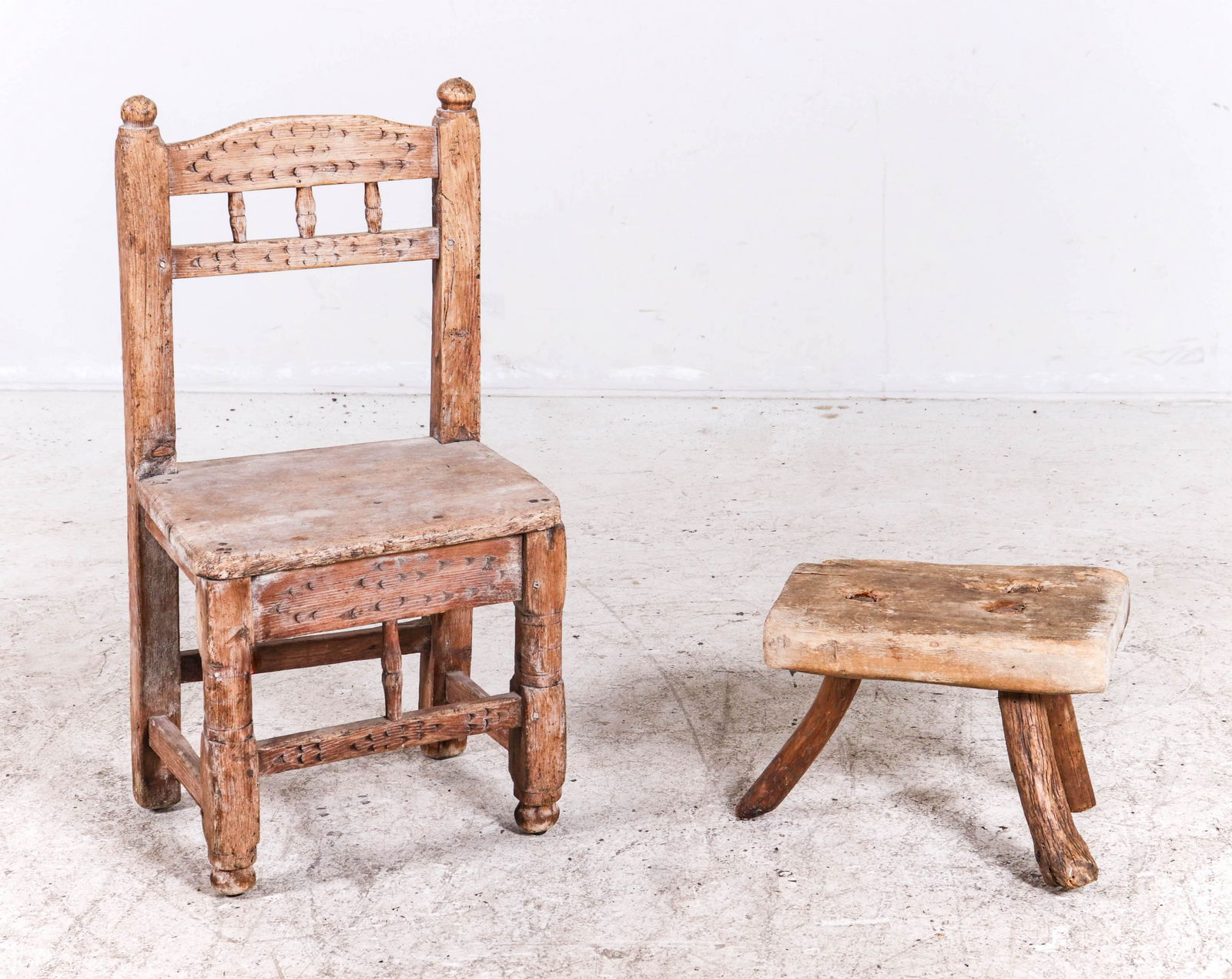 Primitive carved oak child's chair, primitive footstool (1 of 3)