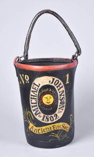 American Painted Leather Fire Bucket: Paint decorated leather fire bucket, "Michael Johnson 1802 No 1 Ancient Fire Soc" on front, "Boston" on back, leather bail handle, 9" x 9-1/2" x 12" h excluding handle, Handles intact, pealing leather