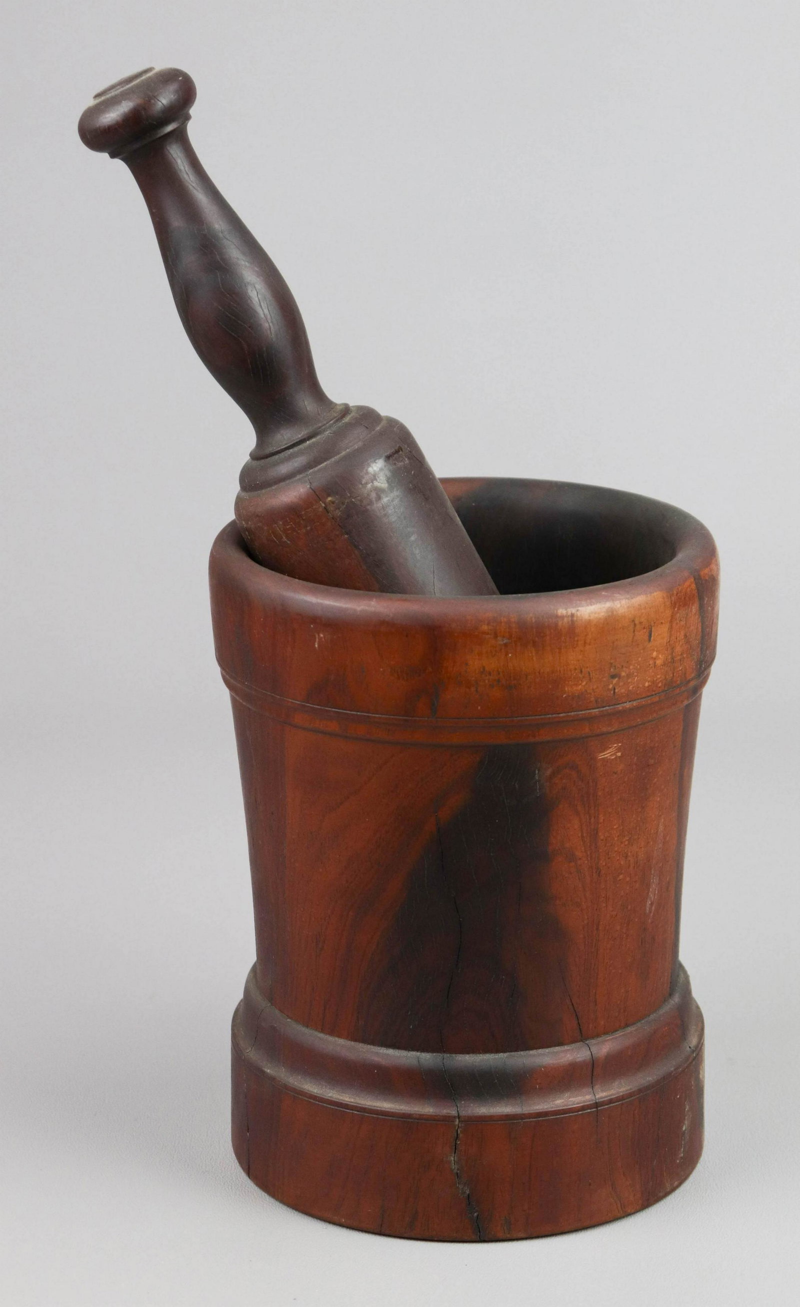 Turned Hardwood Mortar and Pestle: Turned hardwood mortar and pestle, 7-1/2" late 19th early 20th c.