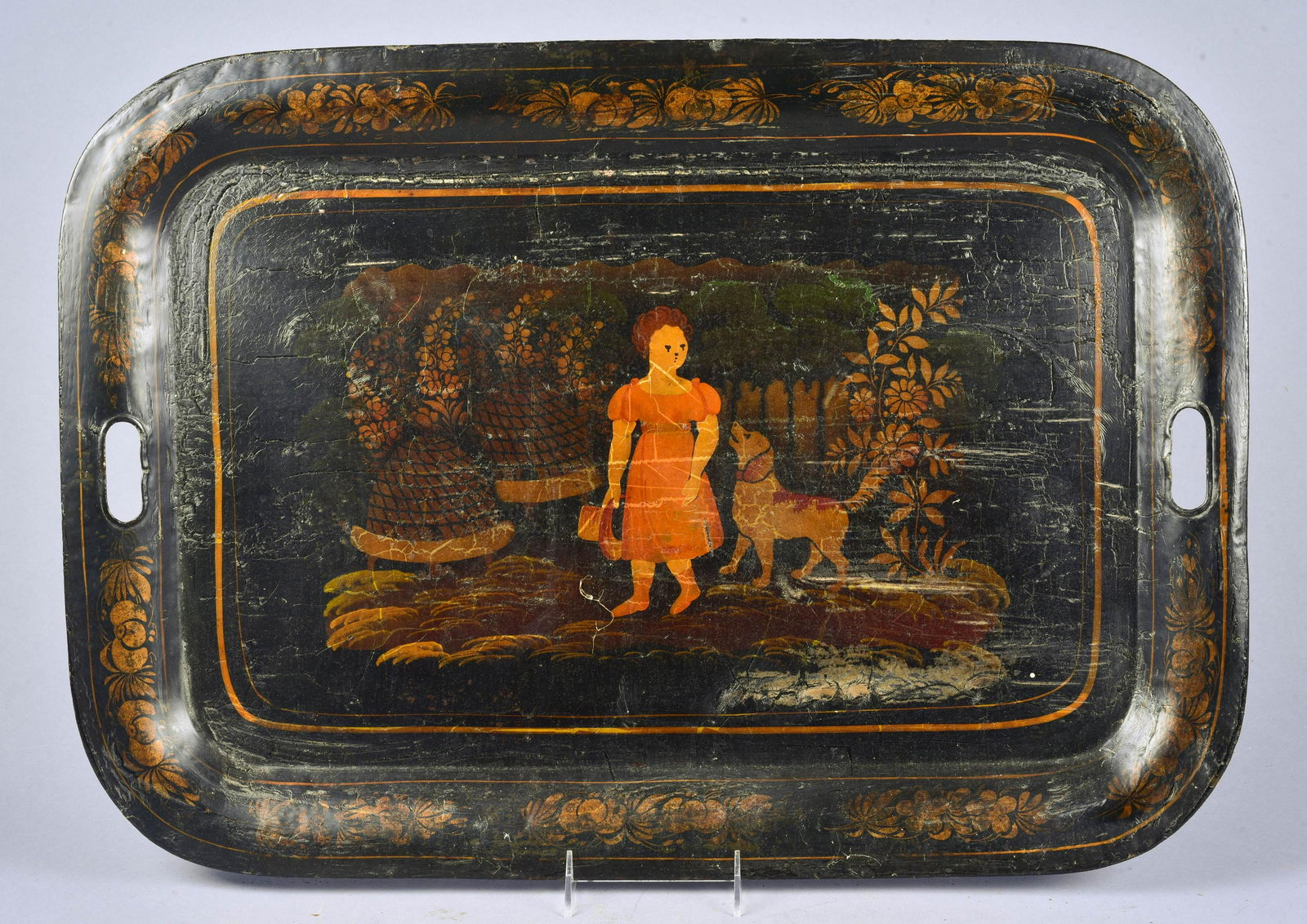 Toleware Tray of Girl and Dog (1 of 3)