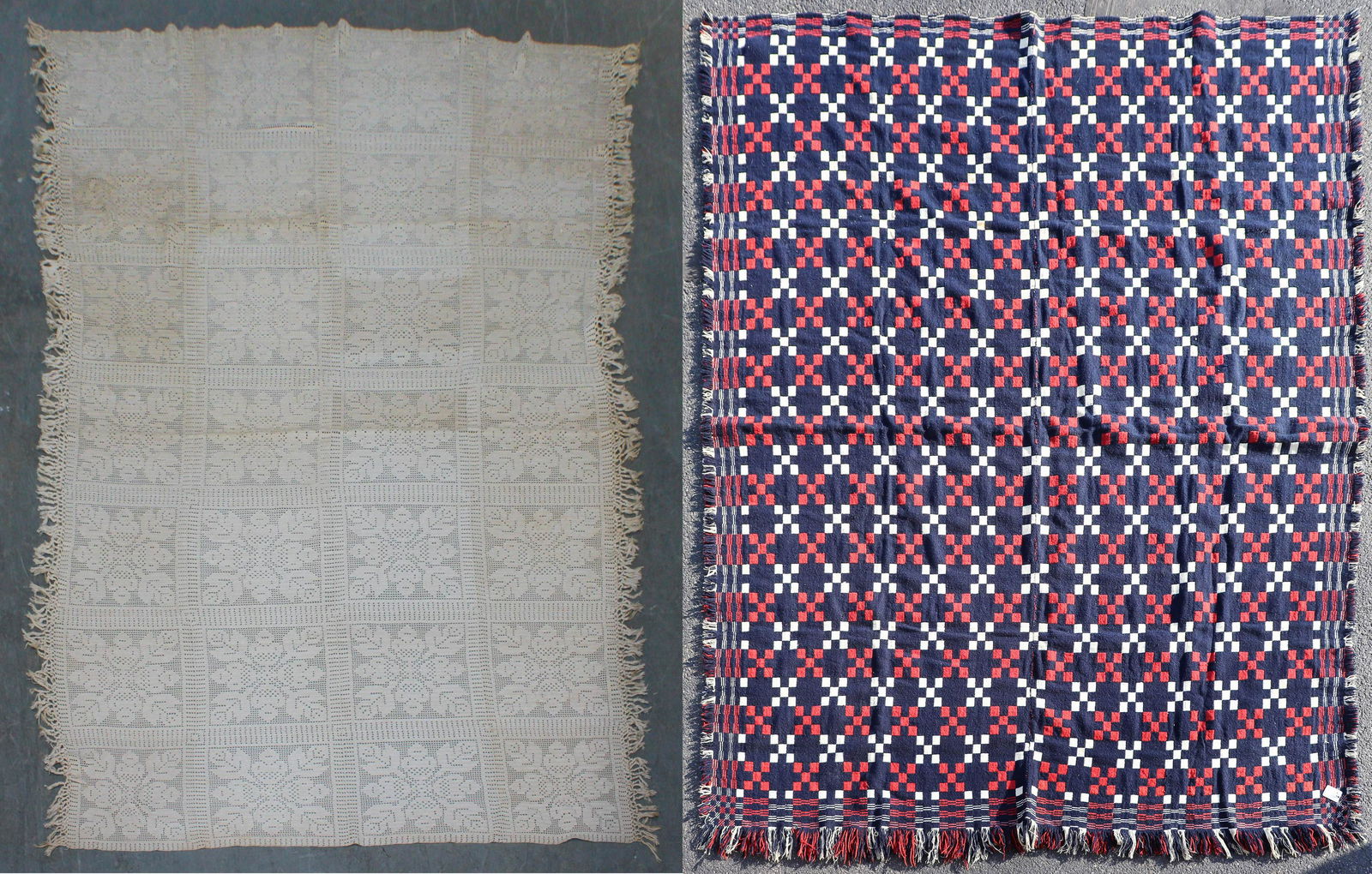 19th c. Overshot Coverlet: 19th c. overshot coverlet in red, white and blue geometric pattern, 6ftx6ft8, also includes floral crochet cover, 79" x 112"