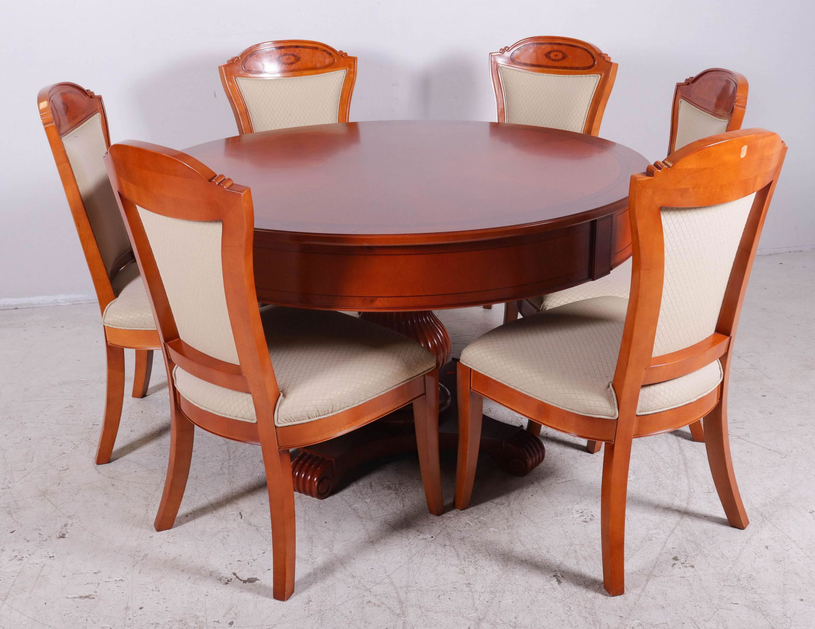 (7) pc walnut Inlaid DRS: (7) pc walnut Inlaid DRS, c/o 6 chairs with upholstered back and seat, along with round pedestal dining table with four storage drawers, that also serve as table extensions, table 30-1/4"h x 53"diamet