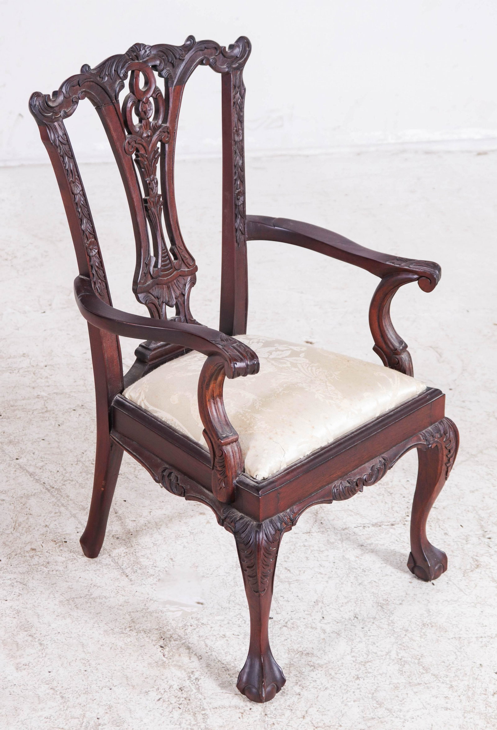 Mahogany Chippendale style doll size armchair,: Mahogany Chippendale style doll size armchair, pierced carved back, upholstered seat, 25"h x 14"w x 11"d