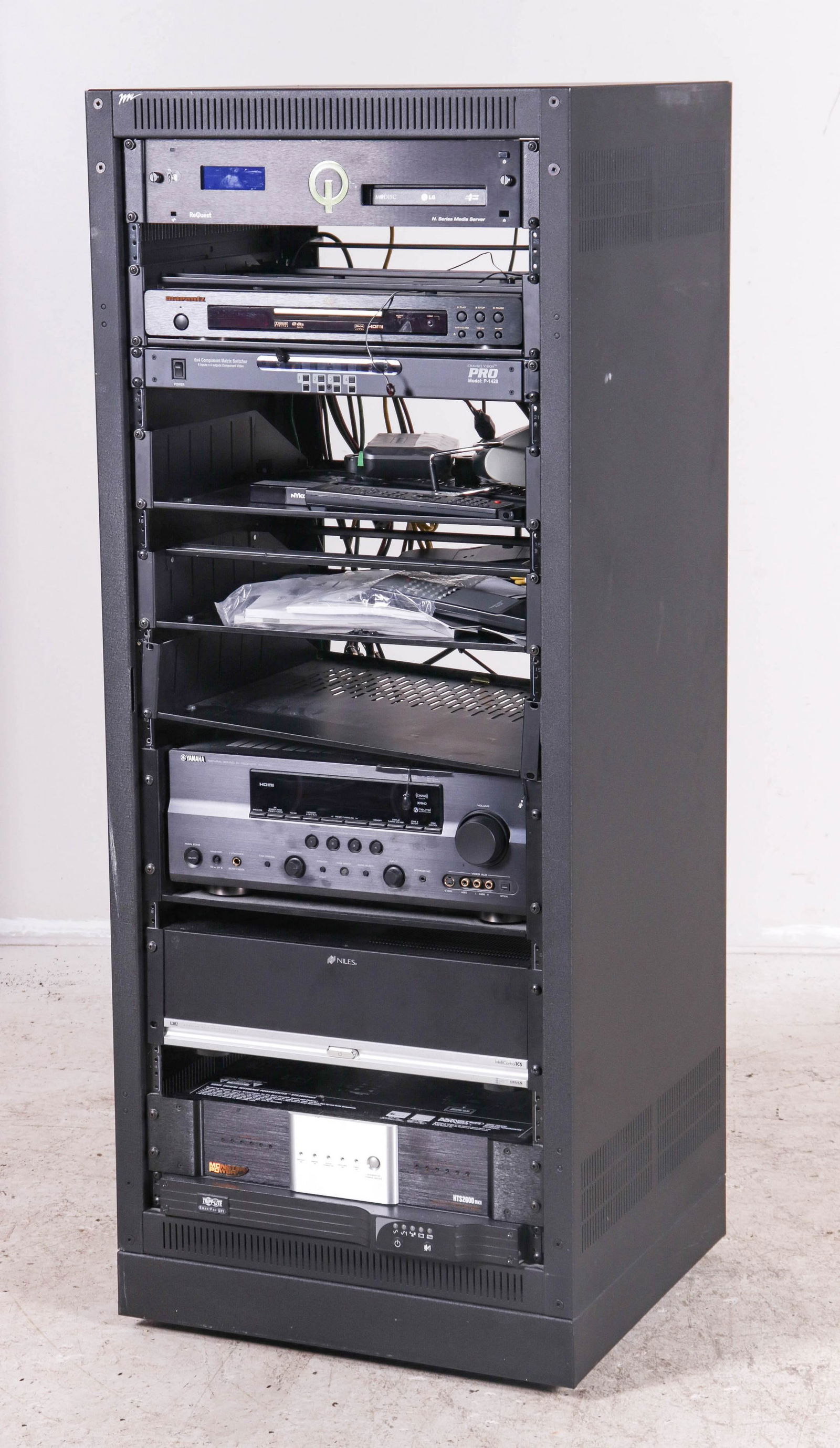 Electronic stand w/ DVD player and more: Monster Powers HTS 2600 MKII, Niles Intellicontrol, Yamaha RT V661 receiver, Marantz DVD player, 6 x 4 Matrix, Request Media Server, miscellaneous cables, incomplete headphone unit, 55"h x 20"w x 22"d