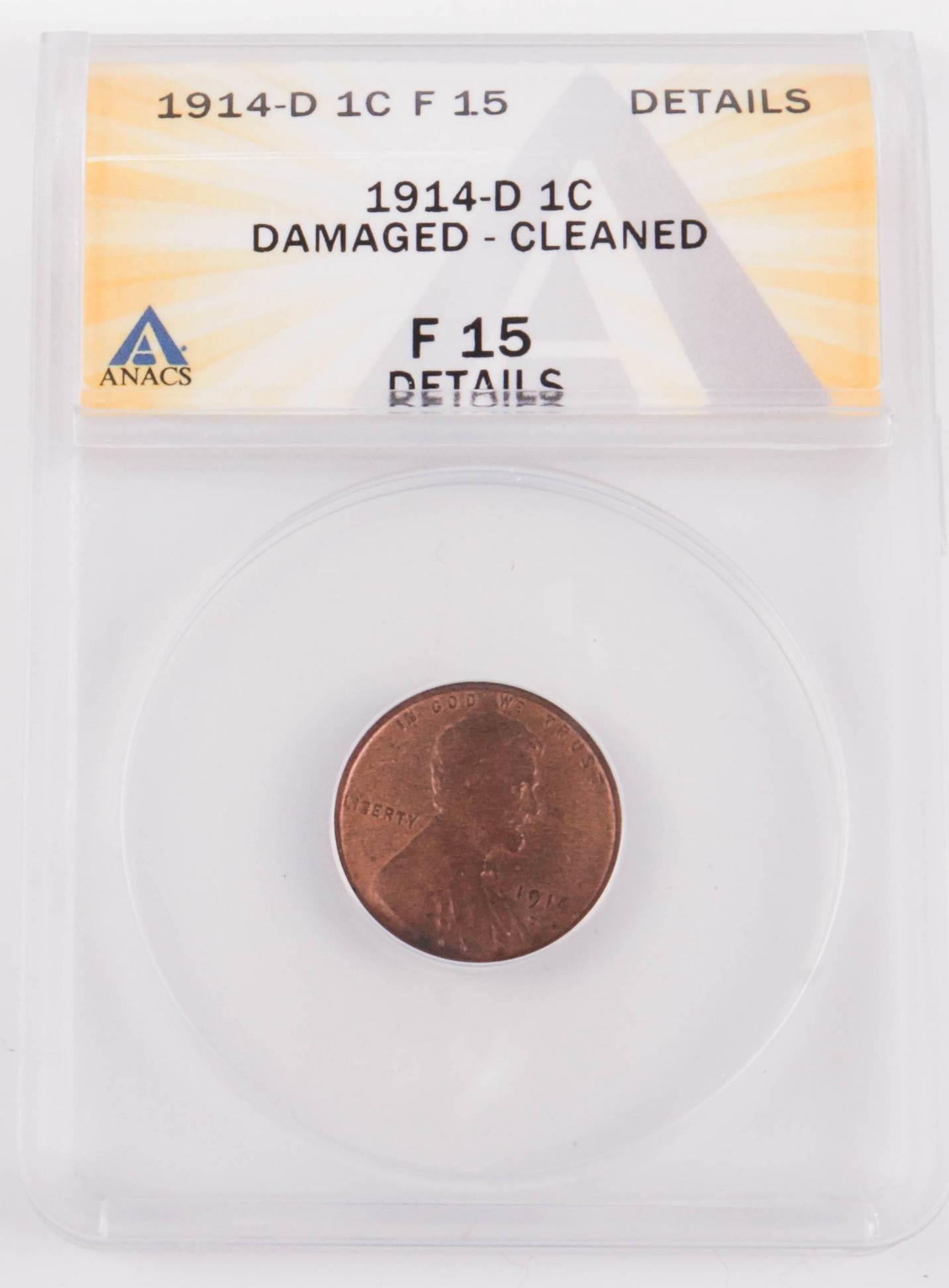 1914-D Lincoln Cent, ANACS F-12, Damage, Cleaned (1 of 1)