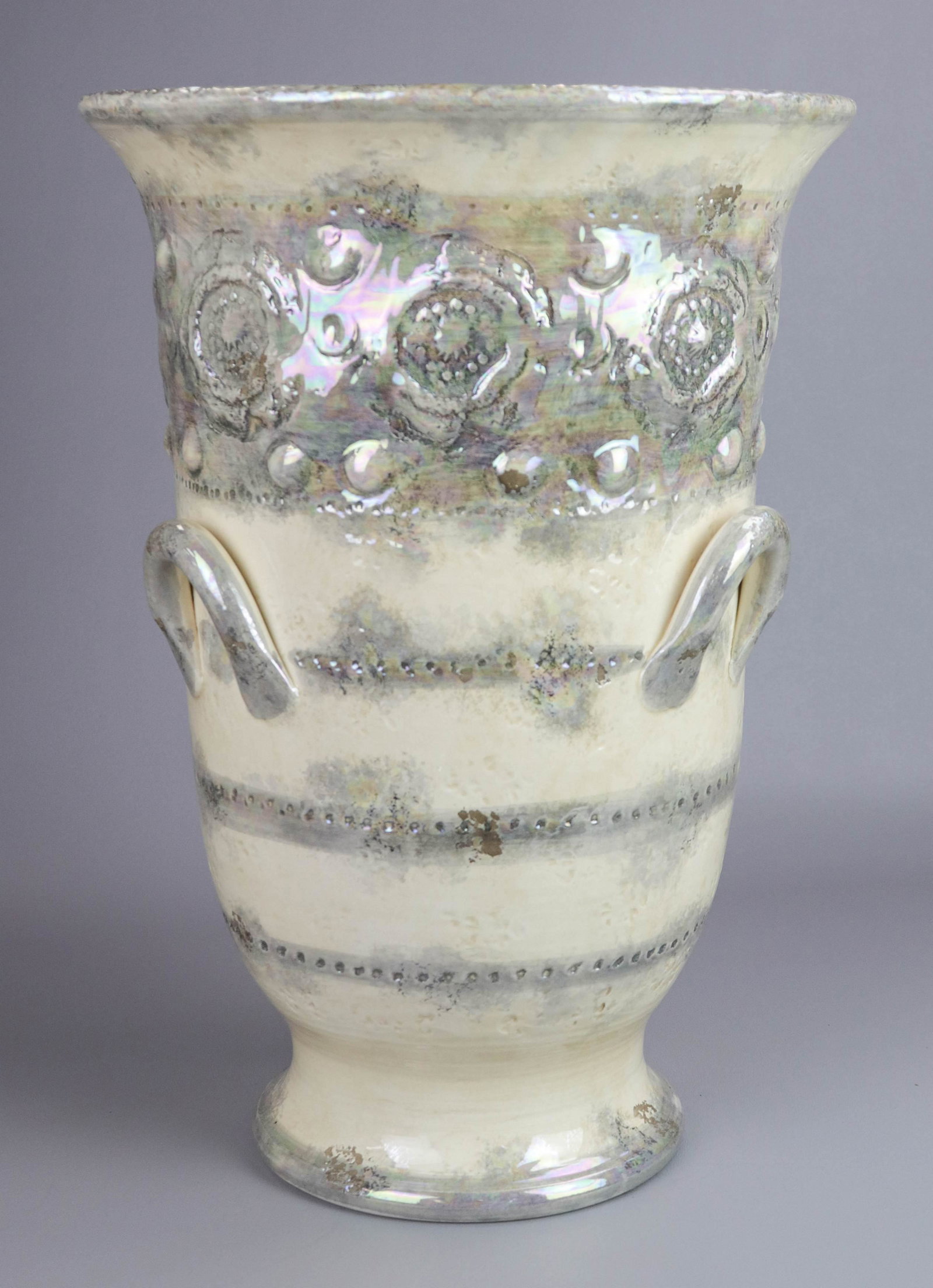 Arte Italica Italian pottery vase: Arte Italica Italian pottery vase, iridescent glaze over cream and gray, 19"h x 14-1/2"diameter