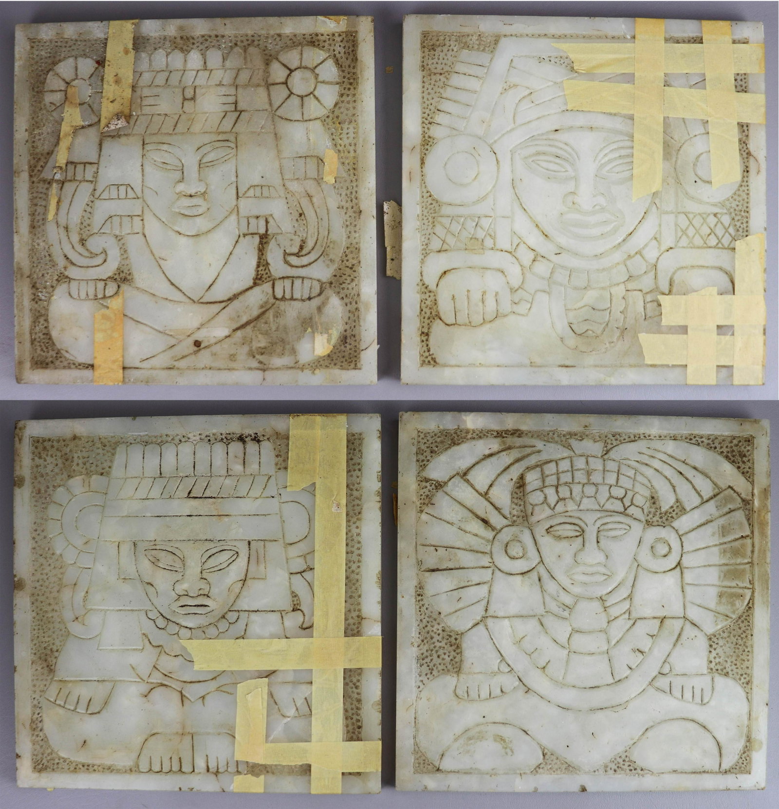 (4) Mexican Carved Alabaster Tiles: (4) Alabaster tiles, carved with Aztec figures, 11-3/4" sq x 7/8" thick