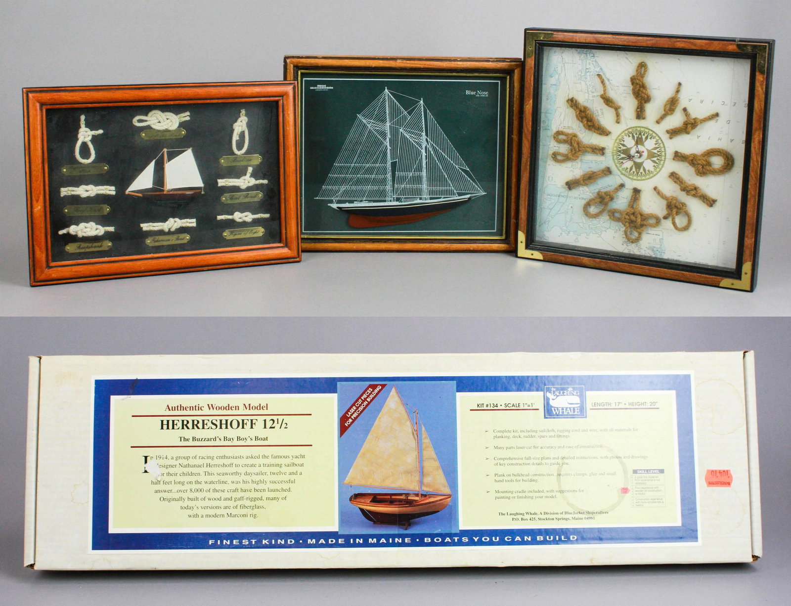 (4) Nautical Items: (4) Nautical items, c/o Blue Nose half hull wall hanging box with key hooks inside (10" x 12-1/4" x 2" d), shadowbox with ship knot examples & half hull ship (9" x 13"), quartz wall clock with ship kn