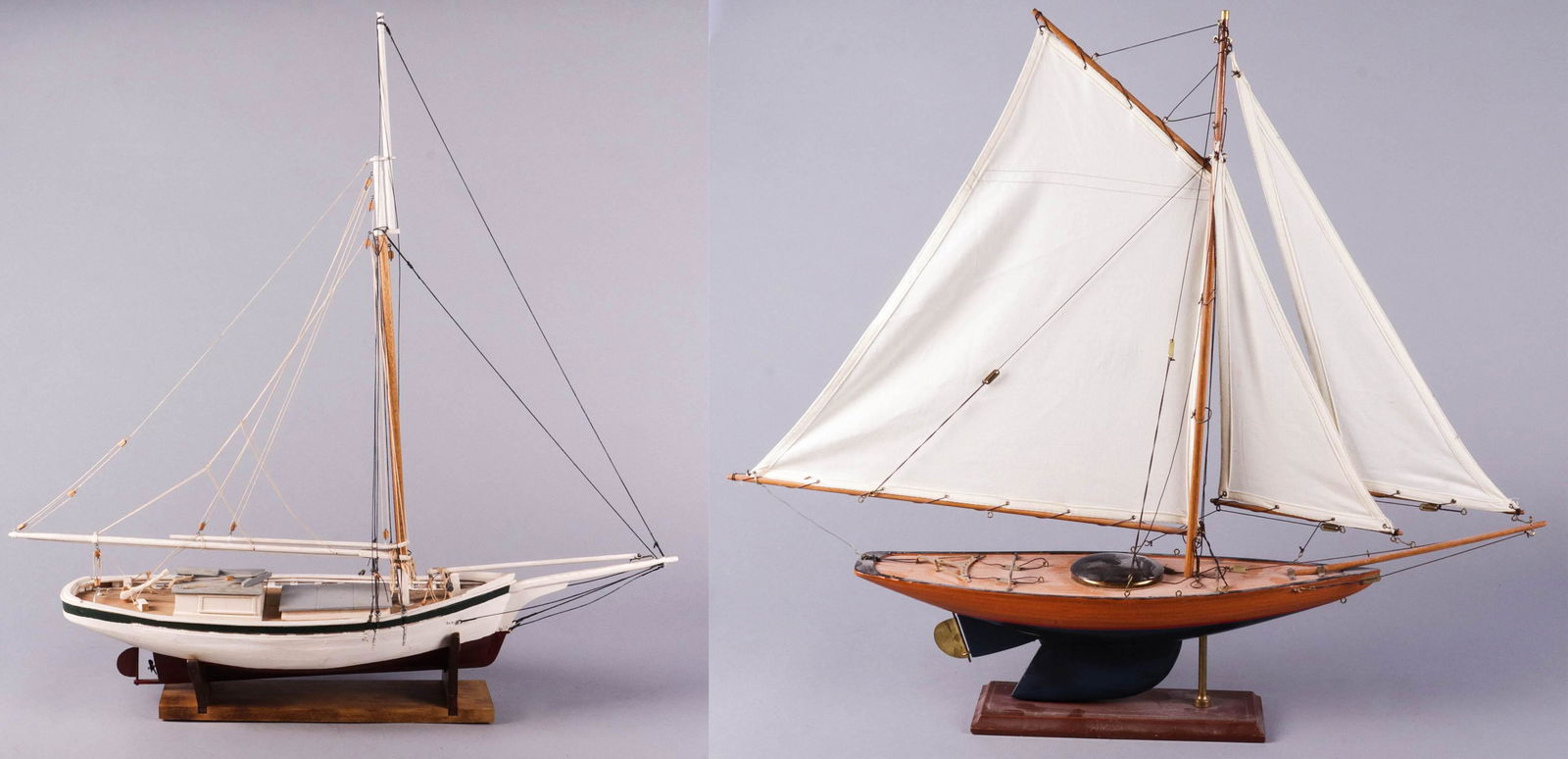 (2) Wood Sailing Ship Models: (2) Wood sailing ship models, unmarked, largest 27" w x 23-3/4" h