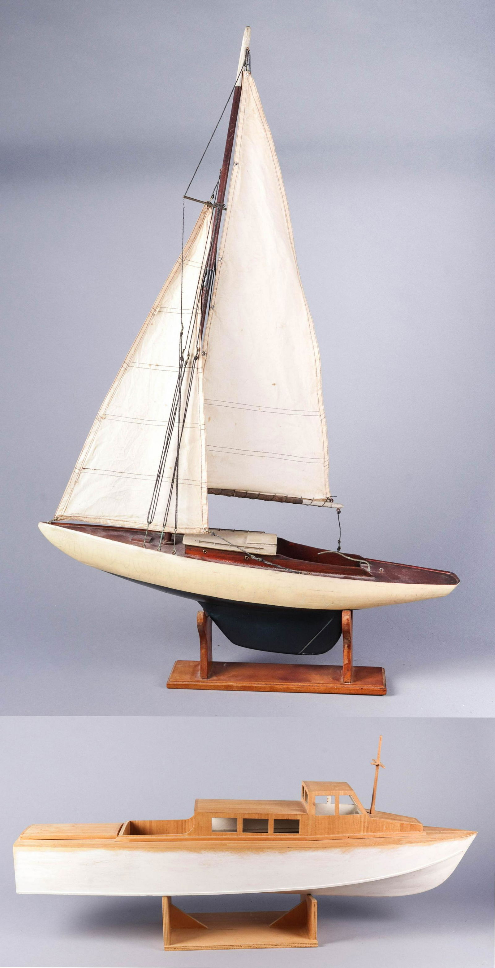 (2) Wood Ship Models: (2) Wood sailing ship models, unmarked, c/o sailboat (23" w x 35-3/4" h), yacht (34-1/2" w x 15" h)