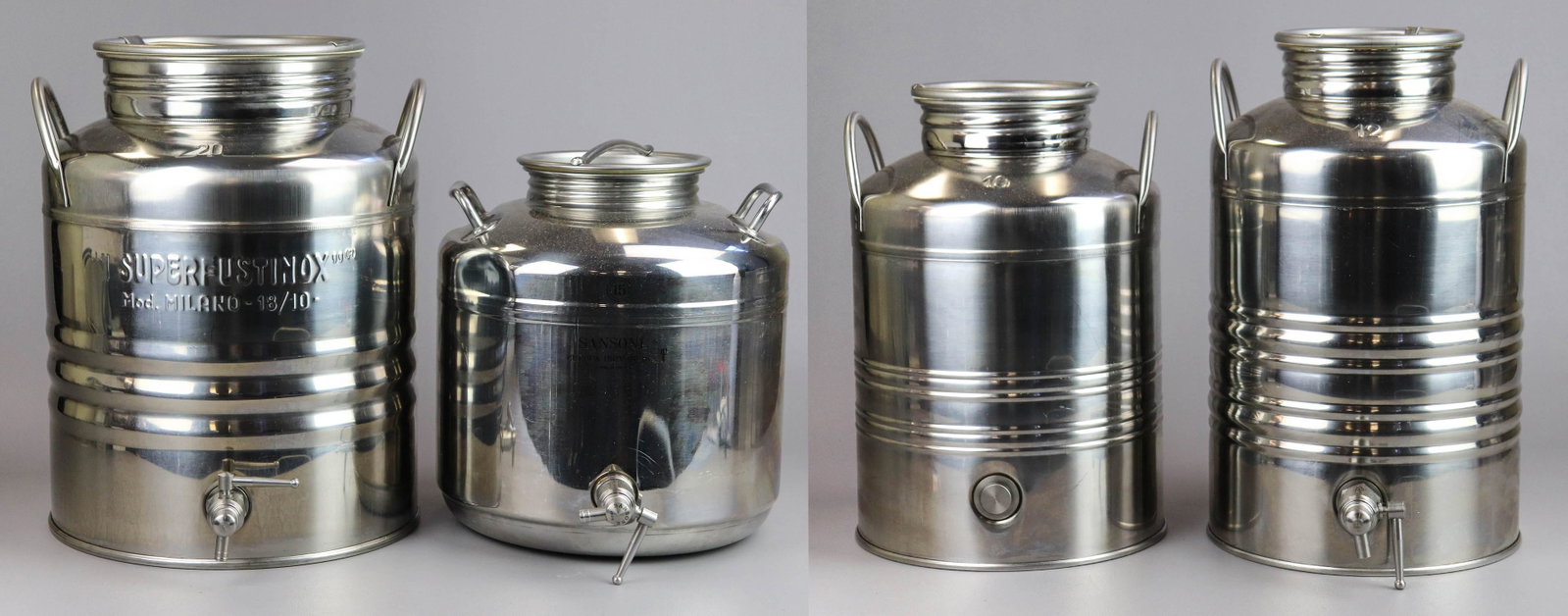 (4) Stainless Steel Food Grade Containers: (4) Stainless steel food grade containers: Superfustinox 20L, 12L, 10L; Sansone 15L, tallest 16" x 12"w