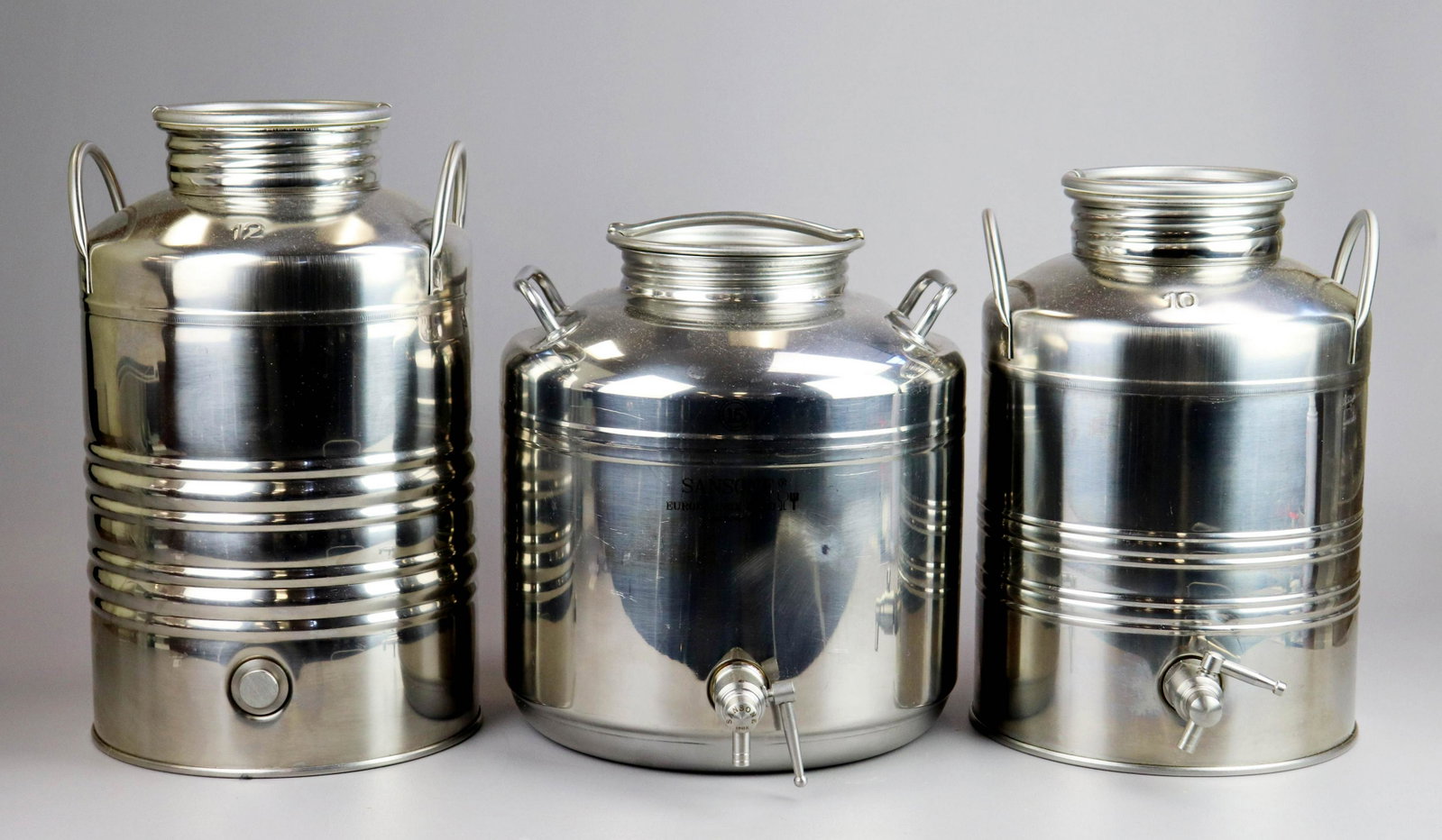 (3) Stainless Steel Food Grade Containers: (3) Stainless steel food grade containers: Sansone 15L, Superfustinox 12L, 10L, tallest 15" x 11"w
