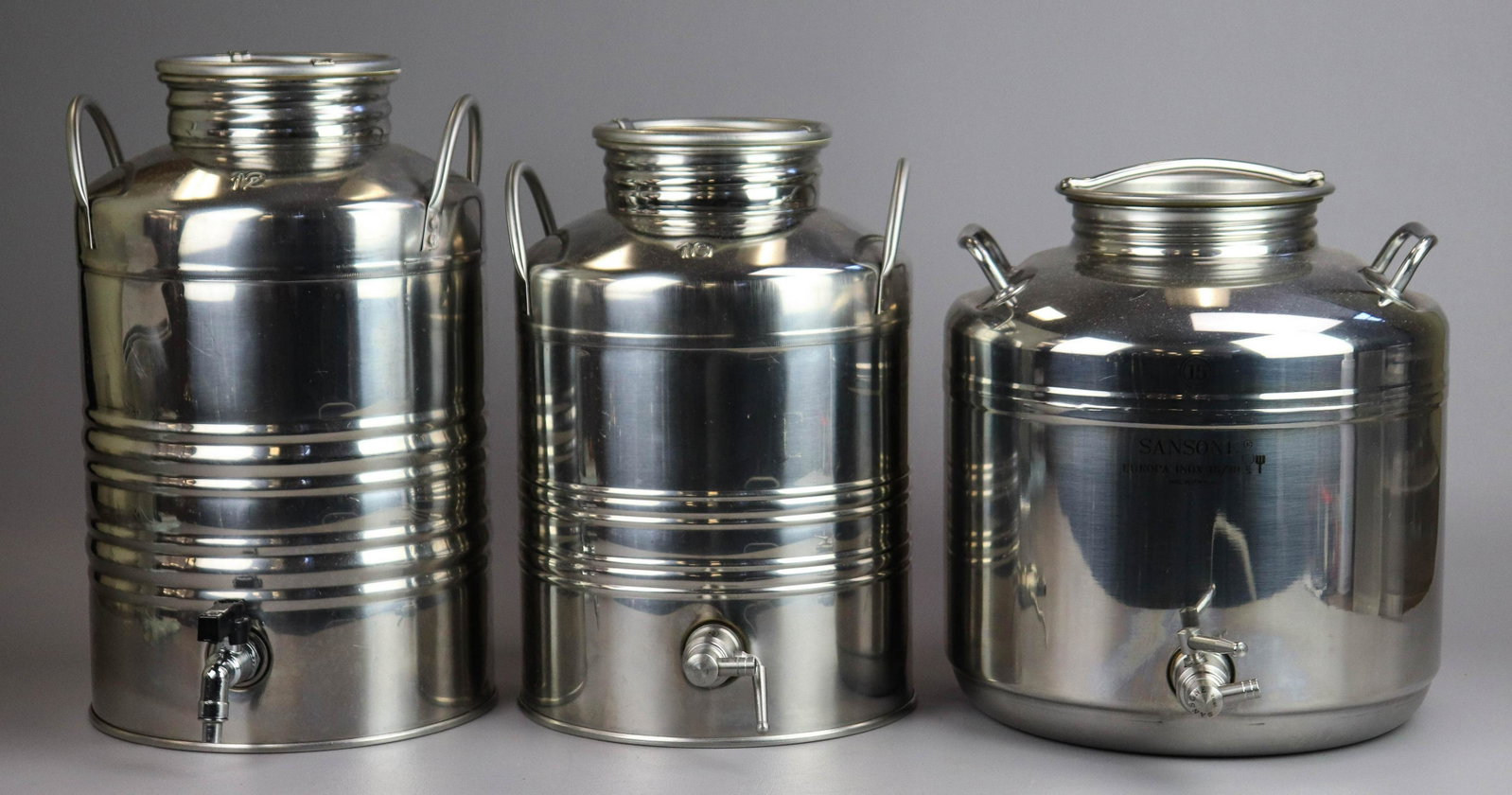 (3) Stainless Steel Food Grade Containers: (3) Stainless steel food grade containers: Sansone 15L, Superfustinox 12L, 10L, tallest 15" x 11"w