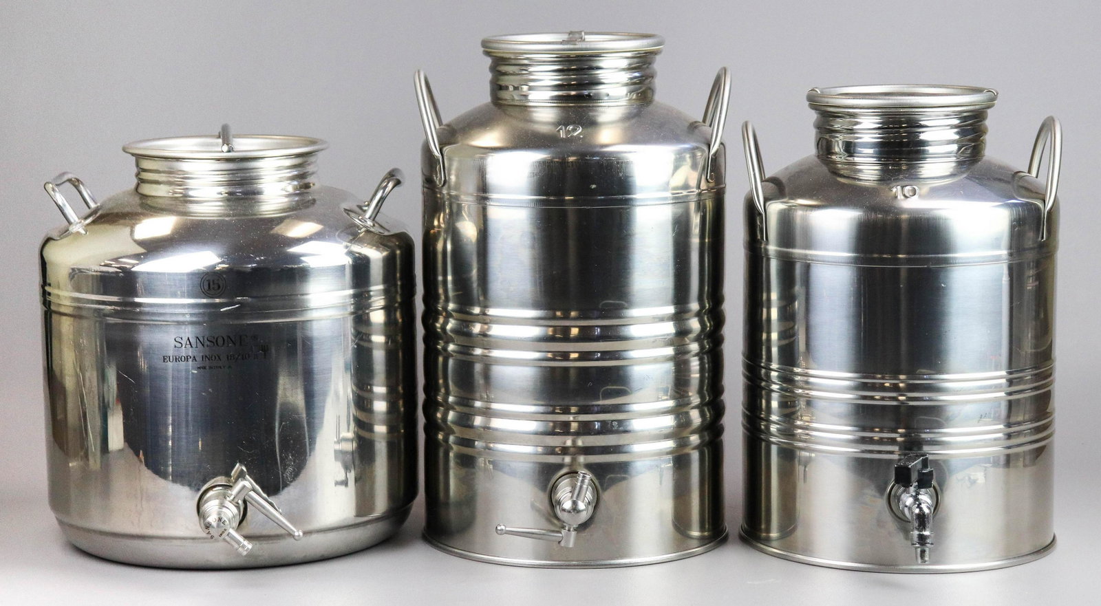 (3) Stainless Steel Food Grade Containers: (3) Stainless steel food grade containers: Sansone 15L, Superfustinox 12L, 10L, tallest 15" x 11"w
