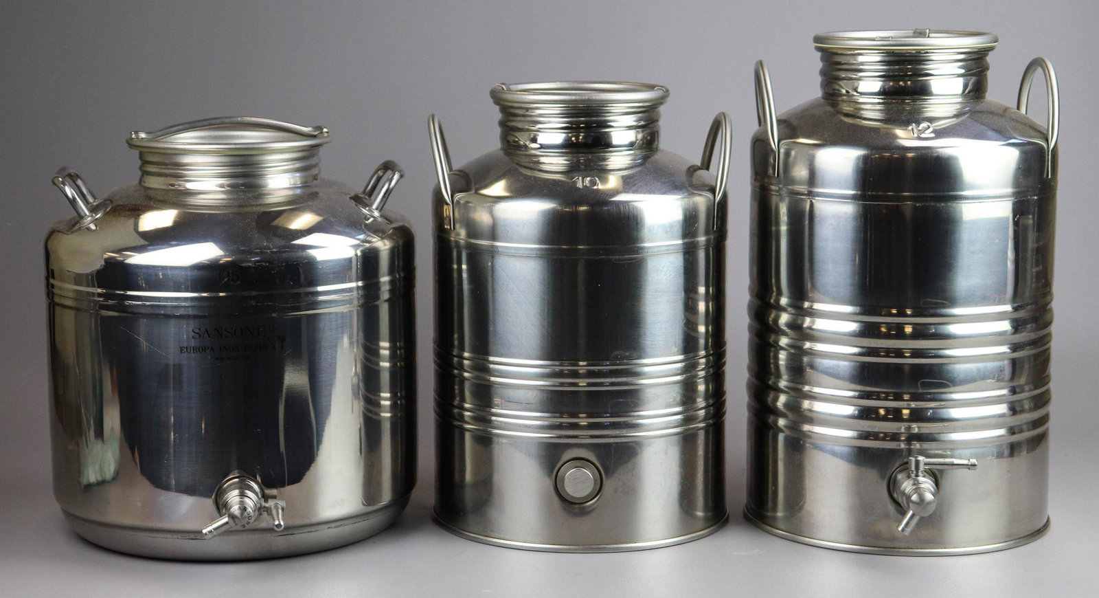 (3) Stainless Steel Food Grade Containers: (3) Stainless steel food grade containers: Sansone 15L, Superfustinox 12L, 10L, tallest 15" x 11"w
