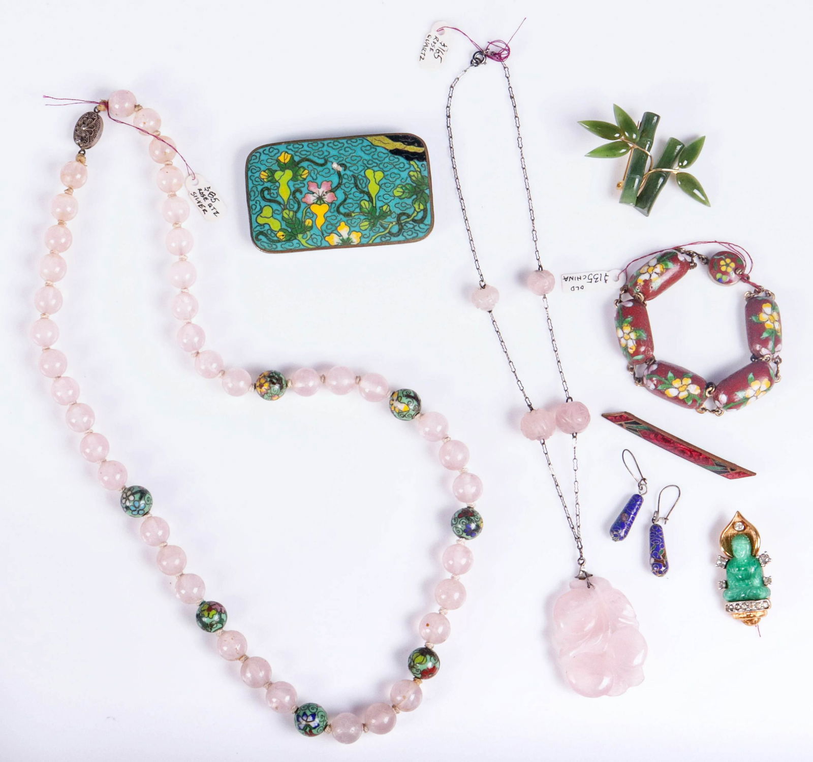 Asian Jewelry Group: Asian Jewelry Group C/O: (1) Rose Quartz and cloisonne bead necklace, 26" long marked sterling made in China (1) jade bamboo pin, (1) Brass cloisonne link bracelet, (1) sterling rose quartz necklace,
