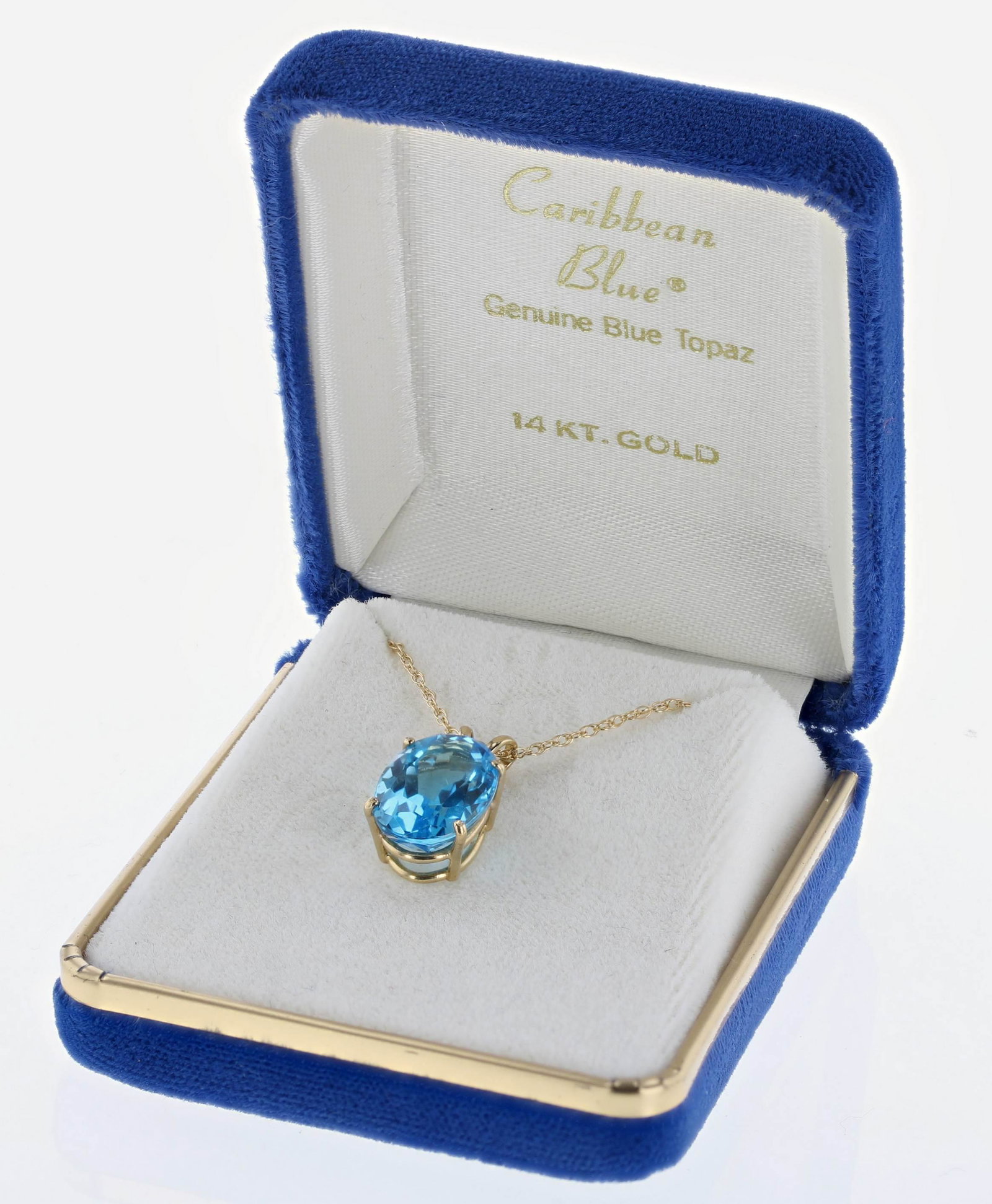 Blue Topaz Necklace: (1) Blue Topaz Necklace set with a 14.0x10mm oval topaz. 14K Basket setting on a 18" chain. " Caribbean Blue" box ; 2.3 Dwts.