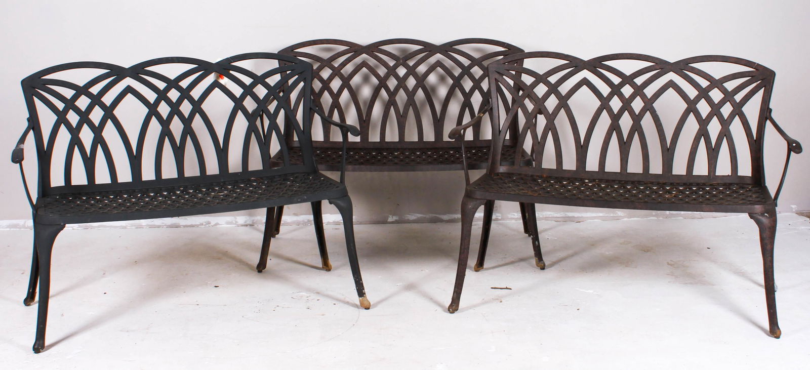 (3) Pierced metal painted garden benches (1 of 5)