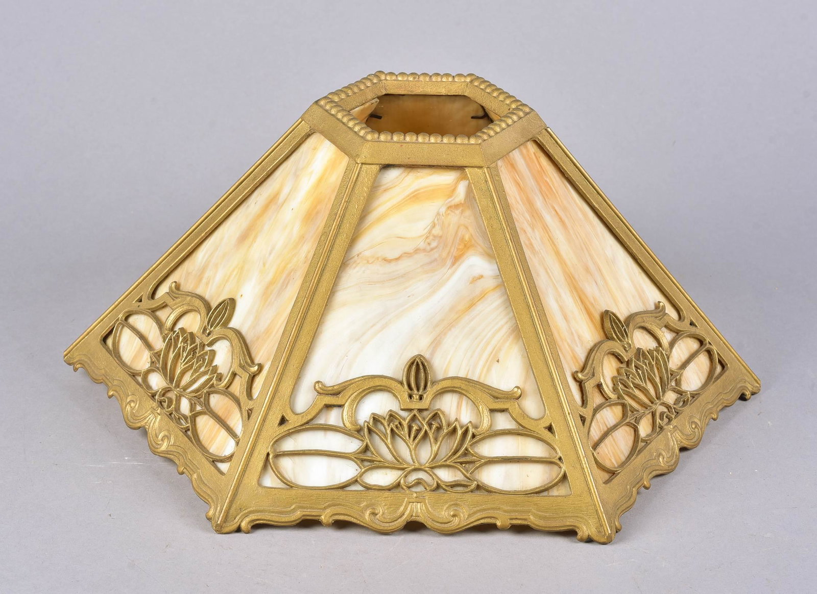 Bradley and Hubbard Art Nouveau Glass Shade: Bradley & Hubbard Art Nouveau Glass shade, gilt metal mounted in stylized lotus decoration, 6-panel, 13 dia x 6-1/2h, 3-1/8 opening