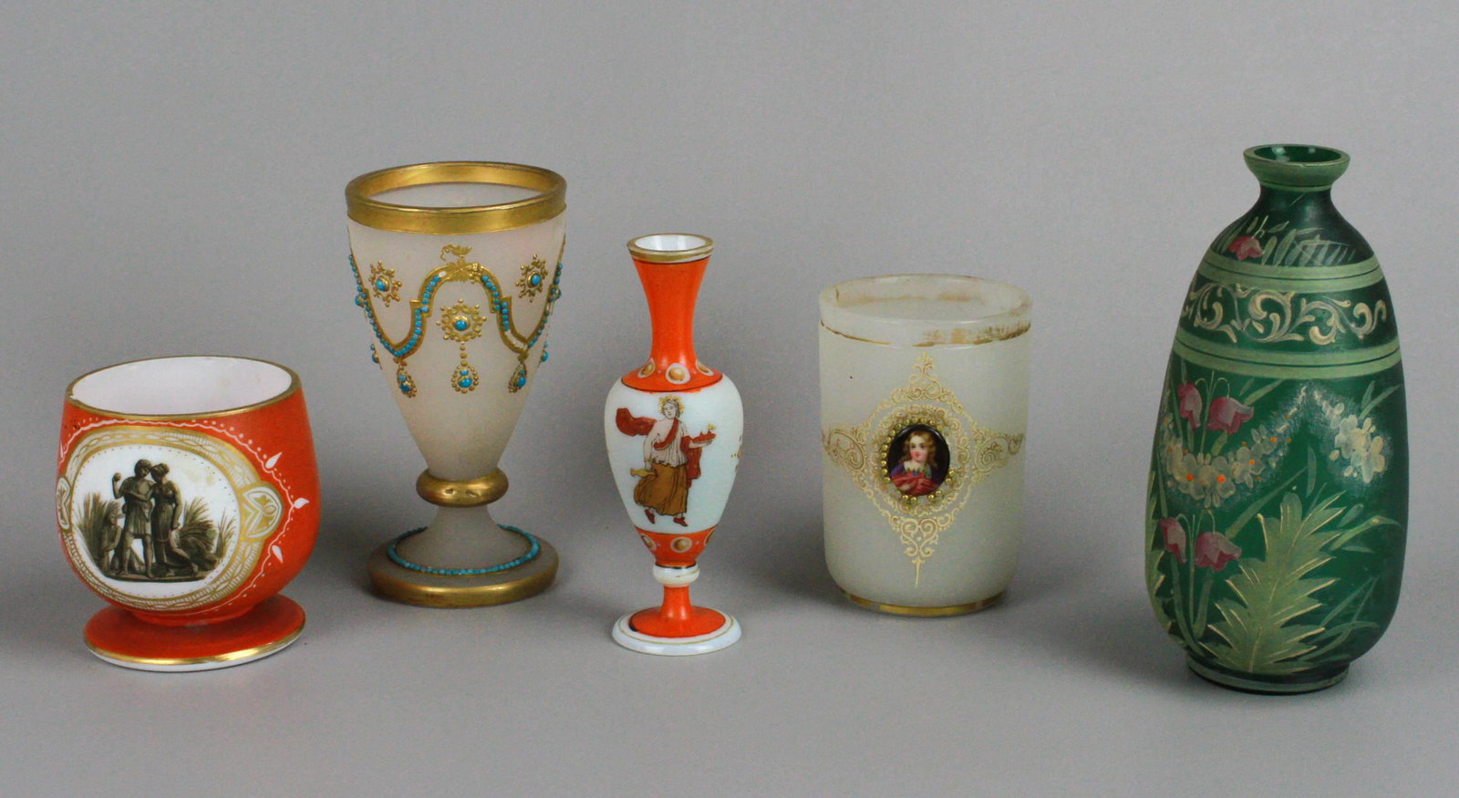 (5) Enamel and Paint Decorated Vases and Cups: (5) Enamel and paint decorated vases and cups to include blue glass bead and gilt mounted satin glass goblet, 5-7/8"h, similarly designed tumbler with portrait painted porcelain plaque at front, 4-1/4