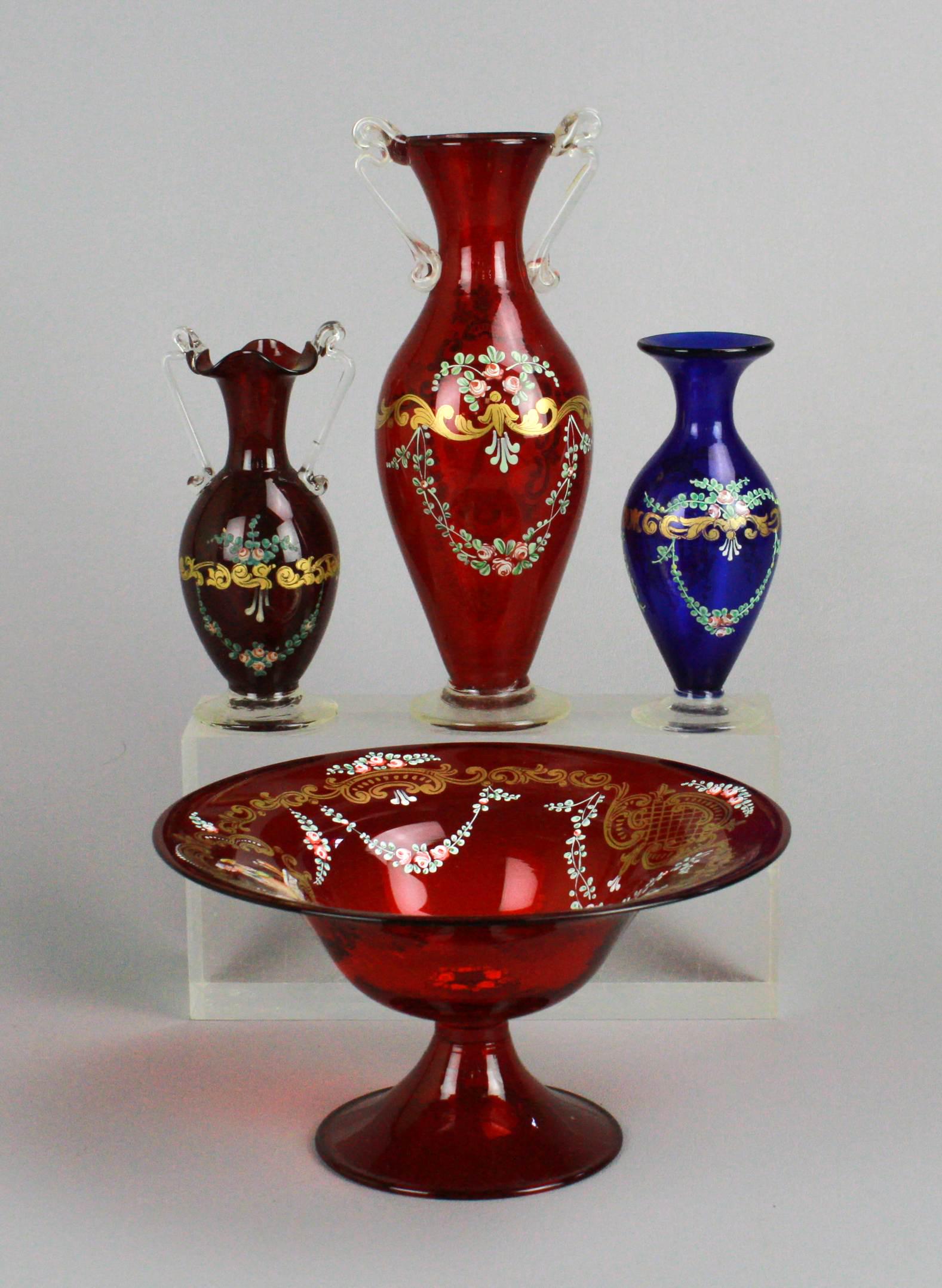 (4) Enamel Decorated Salviati Vases and Compote (1 of 2)