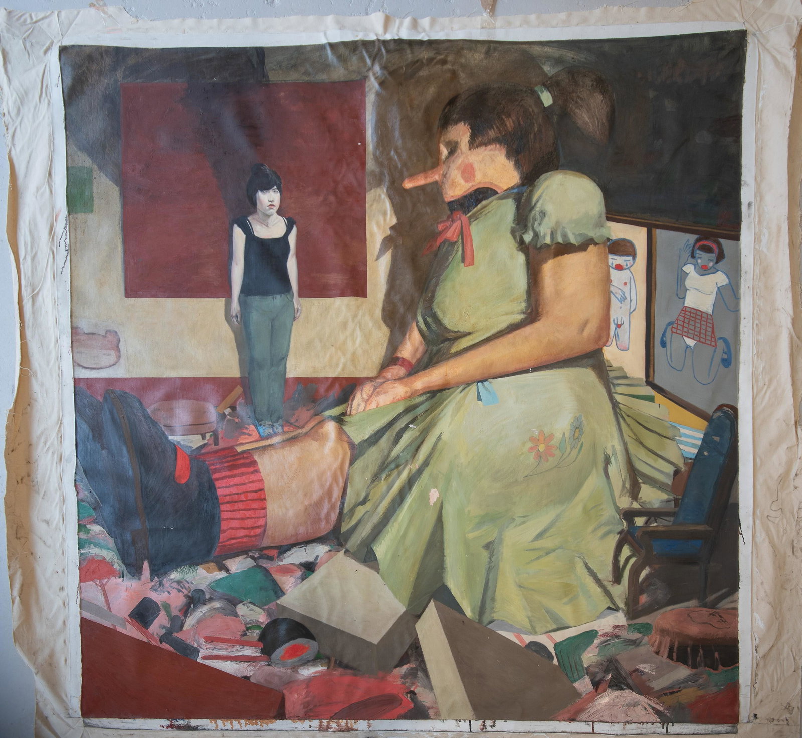 Nick Cortese, Painting of Girl with Dolls: Nick Cortese, 20th-21st C American Painting of Girl with Dolls, oil on canvas, unstretched , signed on reverse, 85-1/8" x 85-3/8", very good condition, From the estate of Stephen Heighton of New York.