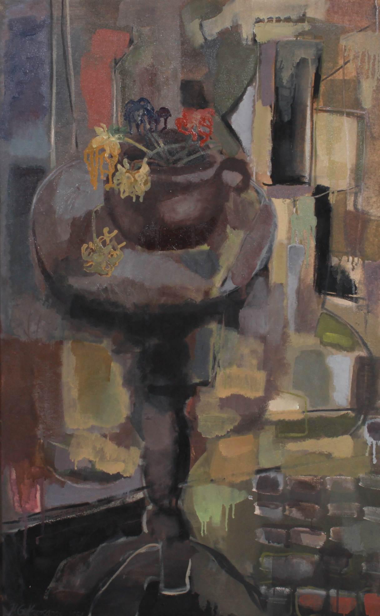 Harry Koursaros Modernist Still Life: Harry Koursaros modernist still life depicting a vase of flowers on a table, oil on canvas, signed "H. G. Koursaros", exhibition label on back, mounted in original distress painted modernist frame, 40