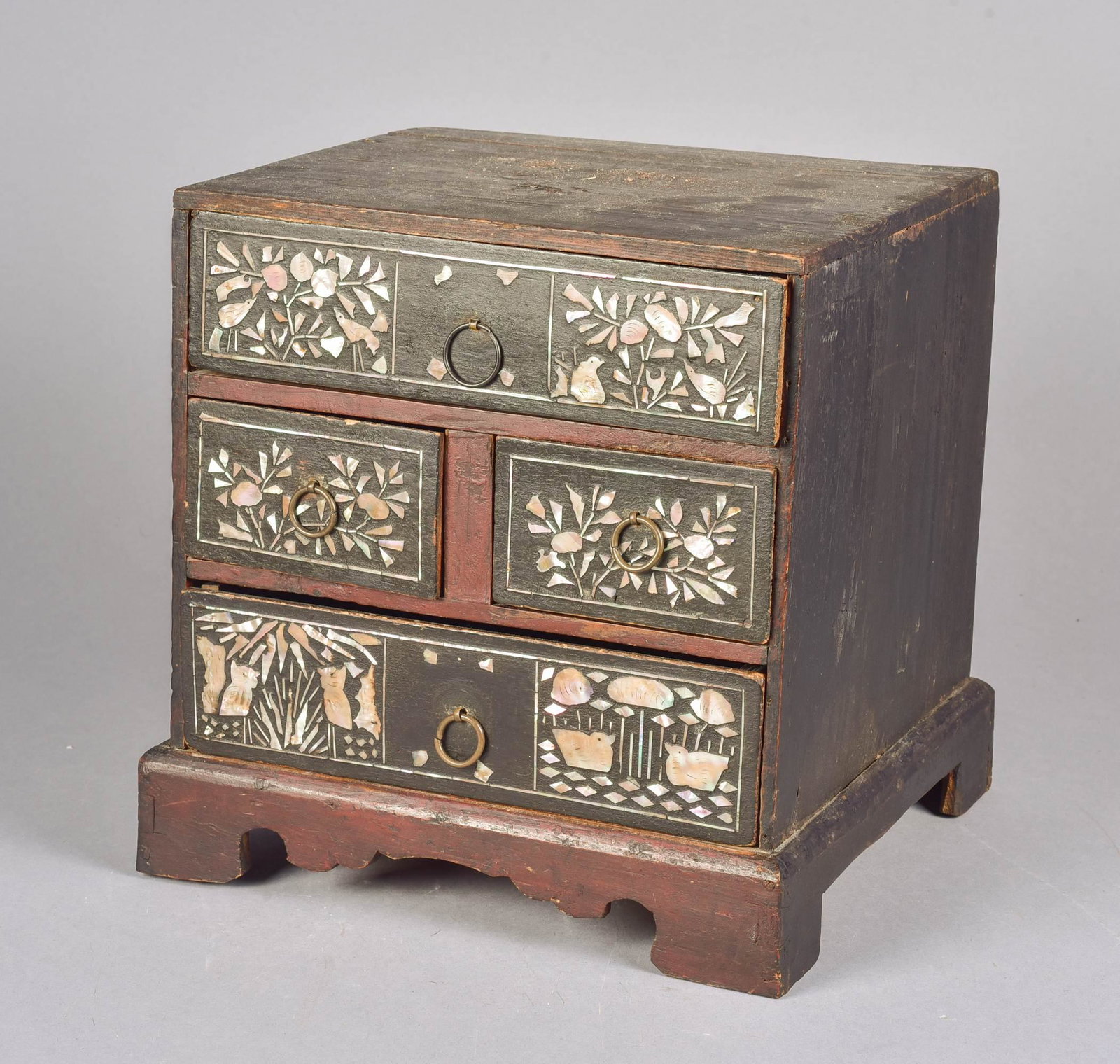 Korean Wood Inlaid Chest: Korean wood chest, mother of pearl inlay, 1 over 2 over 1 drawers with ring pulls, bracket feet, 10" w x 8-5/8" d x 10-1/2" h
