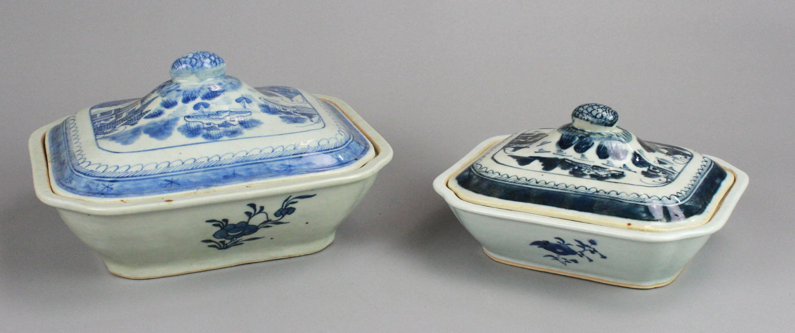 (2) Chinese Canton Square Covered Casseroles: (2) Chinese Canton porcelain square covered casseroles, pinecone finial, unmarked, c/o 8-1/8" x 7" x 4-1/2" h, 9-7/9" x 8-3/4" x 6" h