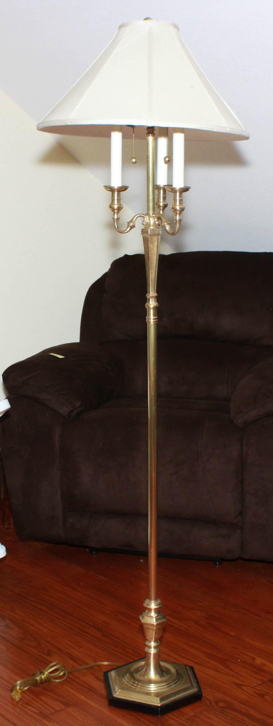 Brass Floor Lamp, 3 candle top: Brass Floor Lamp, 3 candle top, 65" tall. Property from the home of Dr. and Mrs. Sanford Davney, Newtown Square, PA