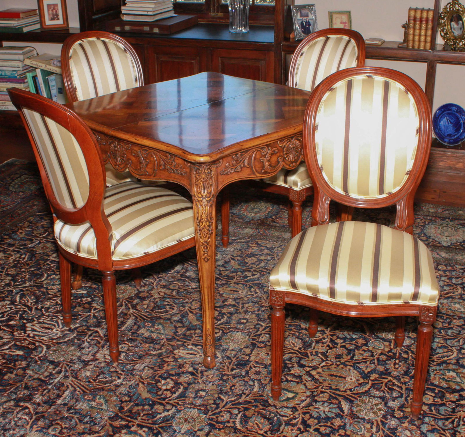 (5) Henredon Louis XV Inlaid Game Table, 4 chairs: (5) Henredon Louis XV Style Carved and Parquetry Inlaid Game Table, built in leaf, with 4 oval back chairs by Century, 34 1/2" sq, 30" h, 6 1/2" leaf, Property from the home of Dr. and Mrs. Sanford Da