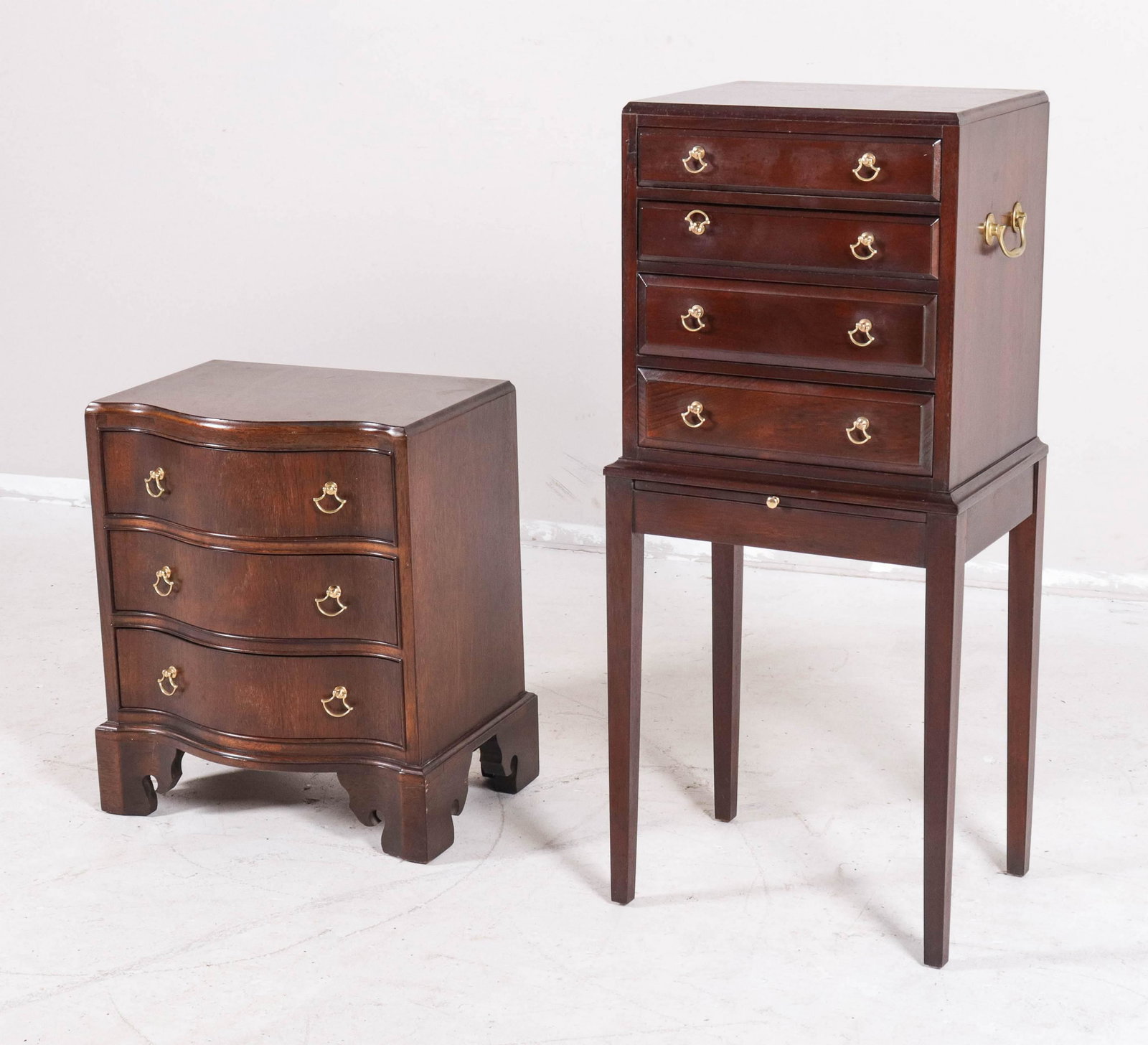 (2) Mahogany chests: Mahogany Hepplewhite style silver chest, along with serpentine front mahogany chest, 30-1/2"h x 16-1/2"w x 14-1/2"d