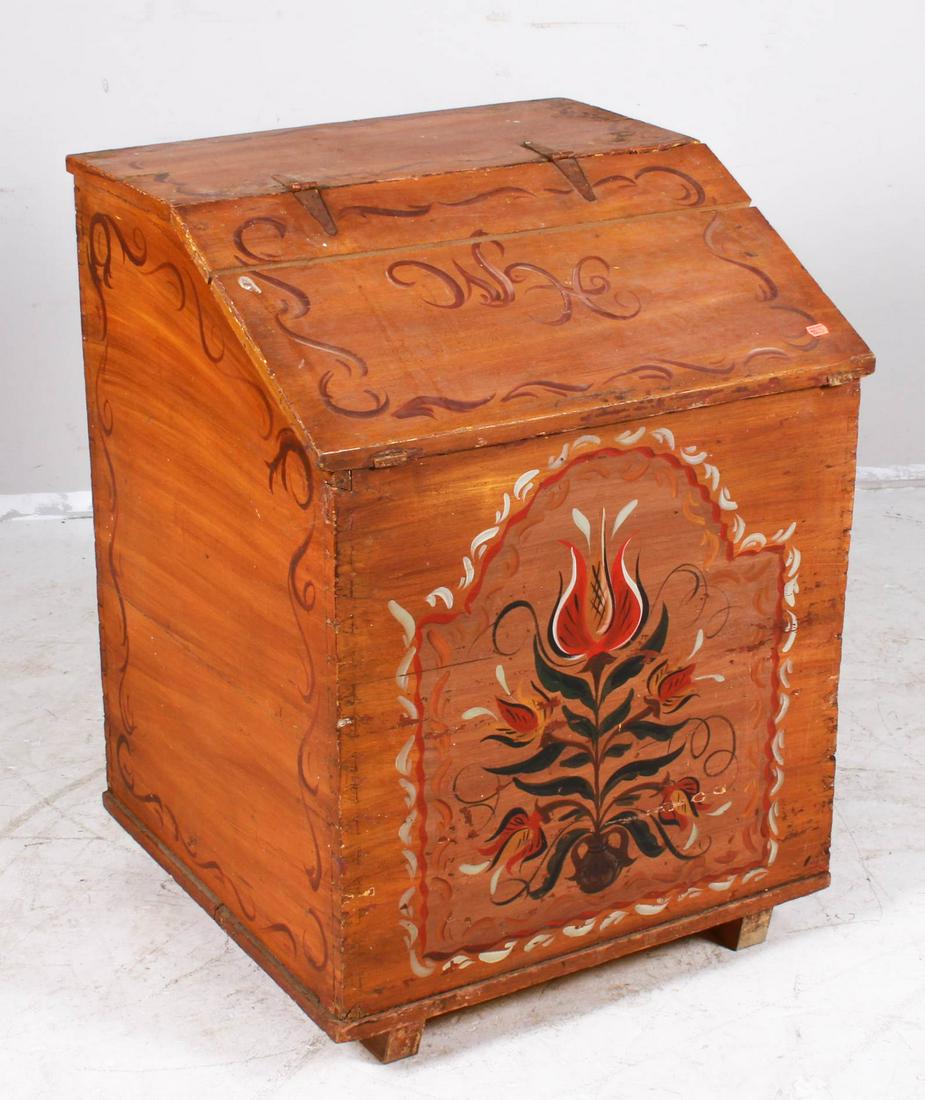 Paint decorated slant front dovetailed kindling box (1 of 6)