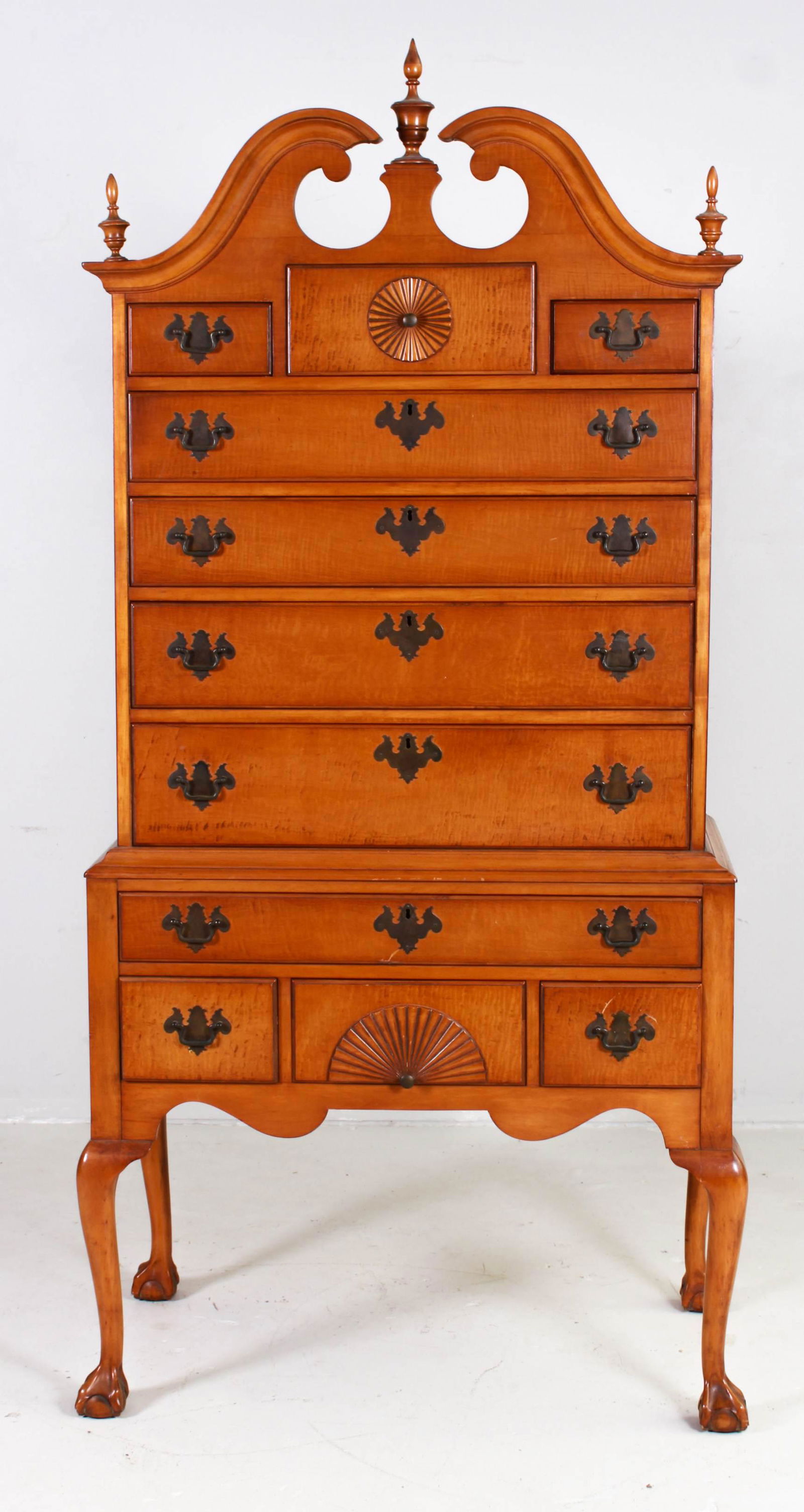 Tiger Maple Queen Anne style 1-pc highboy (1 of 4)