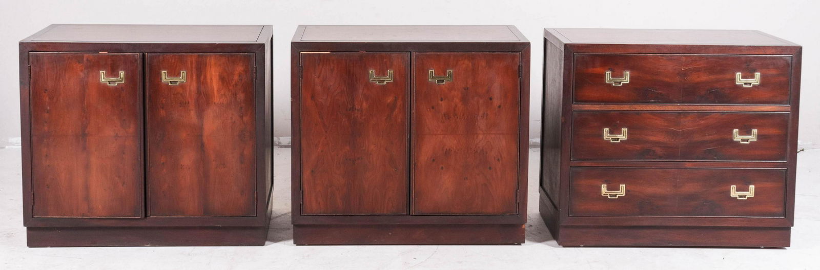 (3) Campaign style walnut veneered two door cabinets (1 of 2)
