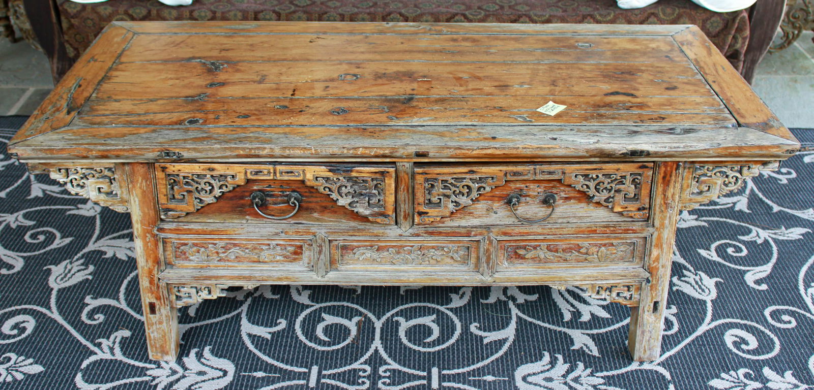 Carved Teak Coffee Table with 2 Drawers in Base (1 of 4)