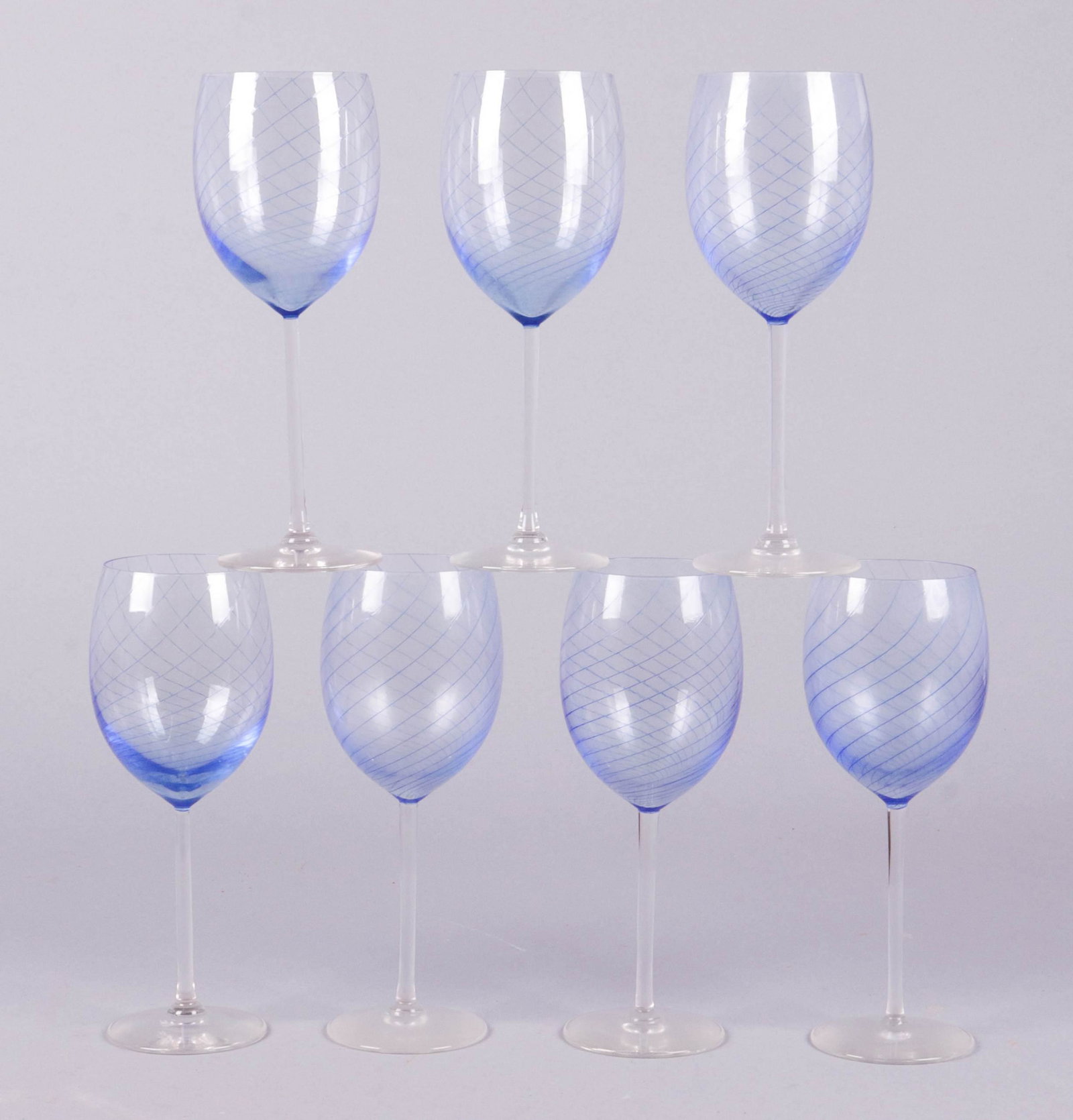 (7) Stephen Smyers Art Glass Wine Hocks: (7) Stephen Smyers art glass wine hocks, webbed spiral iridescent blue composition, 9" H
