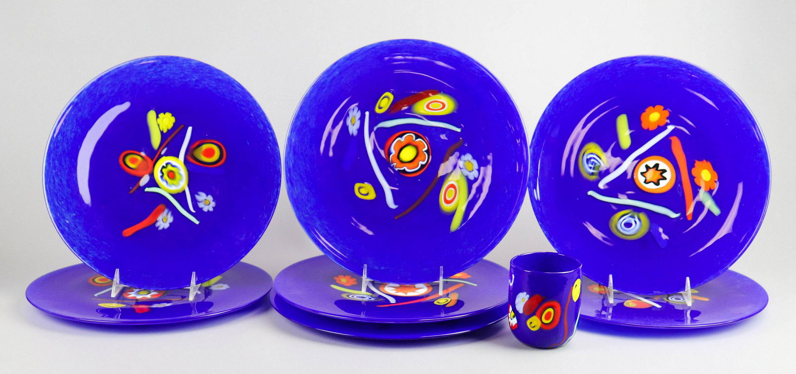 (7) Italian Laguna B. Art Glass Chargers, 1 tumbler (1 of 2)