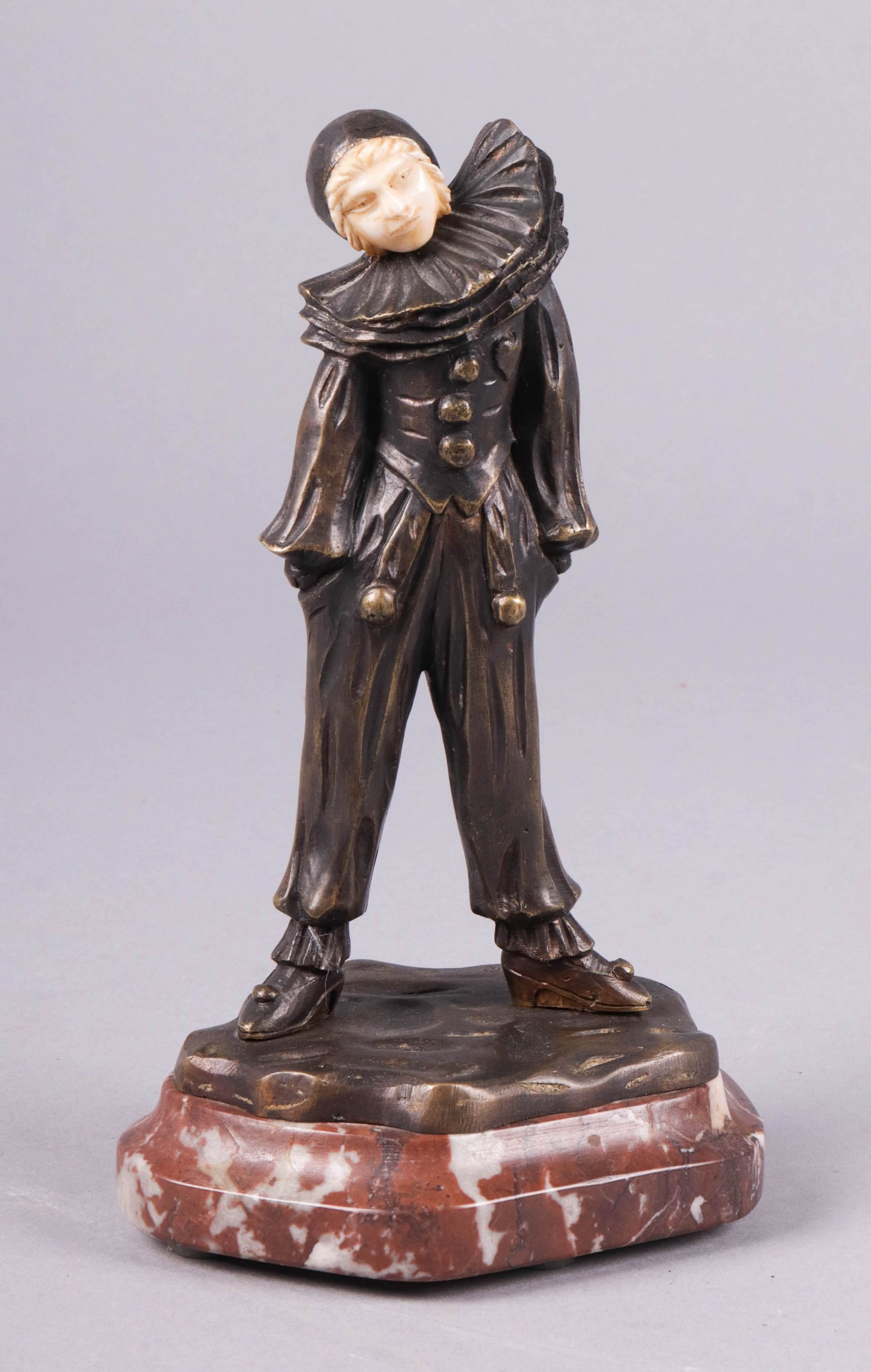 Art Deco Style Bronze Pierrot Clown: Art Deco style bronze pierrot clown, marble base, bears signature V. Alonzo, 6-5/8" H, very good condition.
