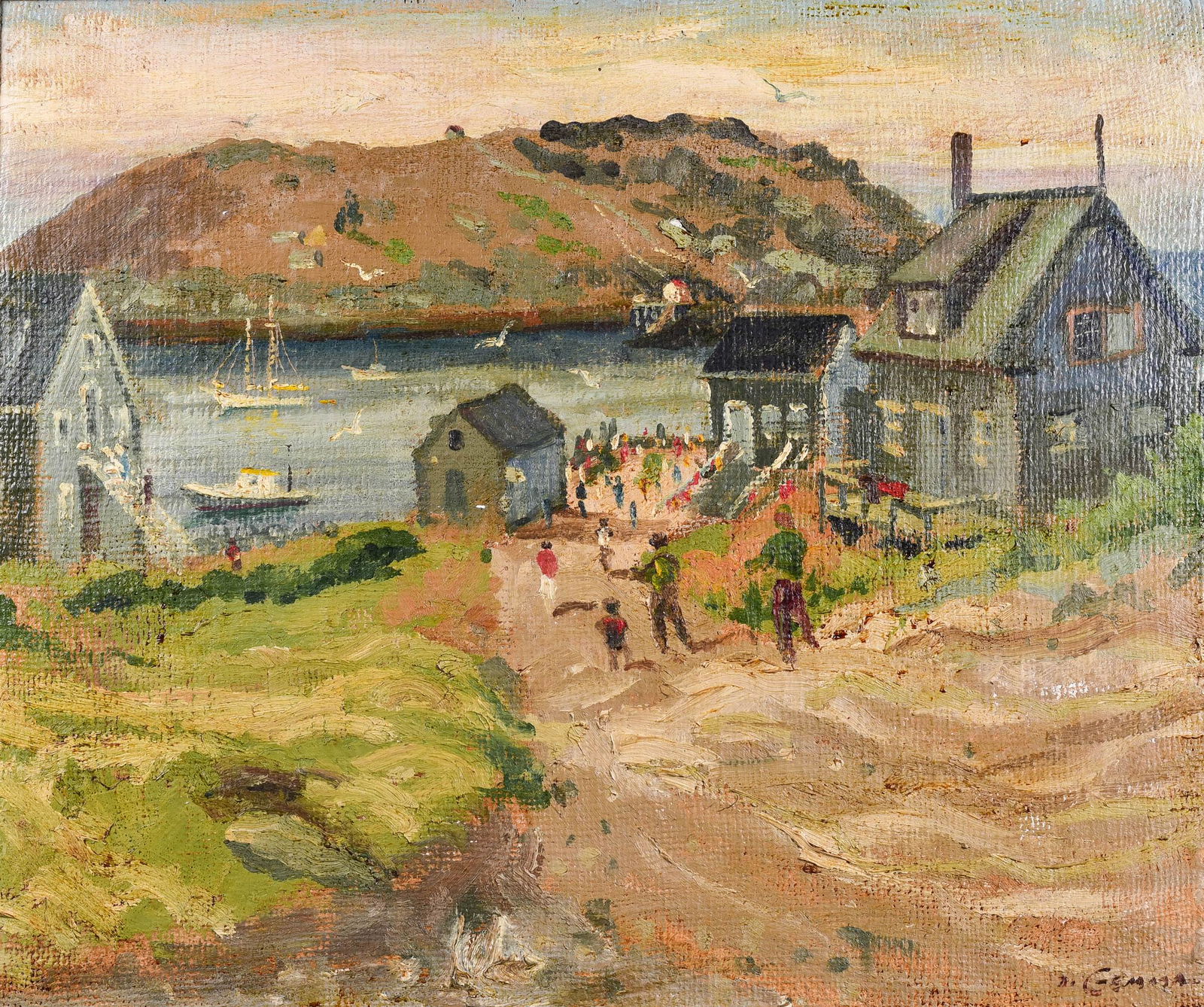Joseph Di Gemma "Monhegan Island": Joseph Di Gemma (American, 1910-2005) Rockport, MA, artist "Monhegan Island", oil on masonite, signed "Di Gemma", exhibition labels on back from Salmagundi Club NY 1969 and Rockport Art Association, 2
