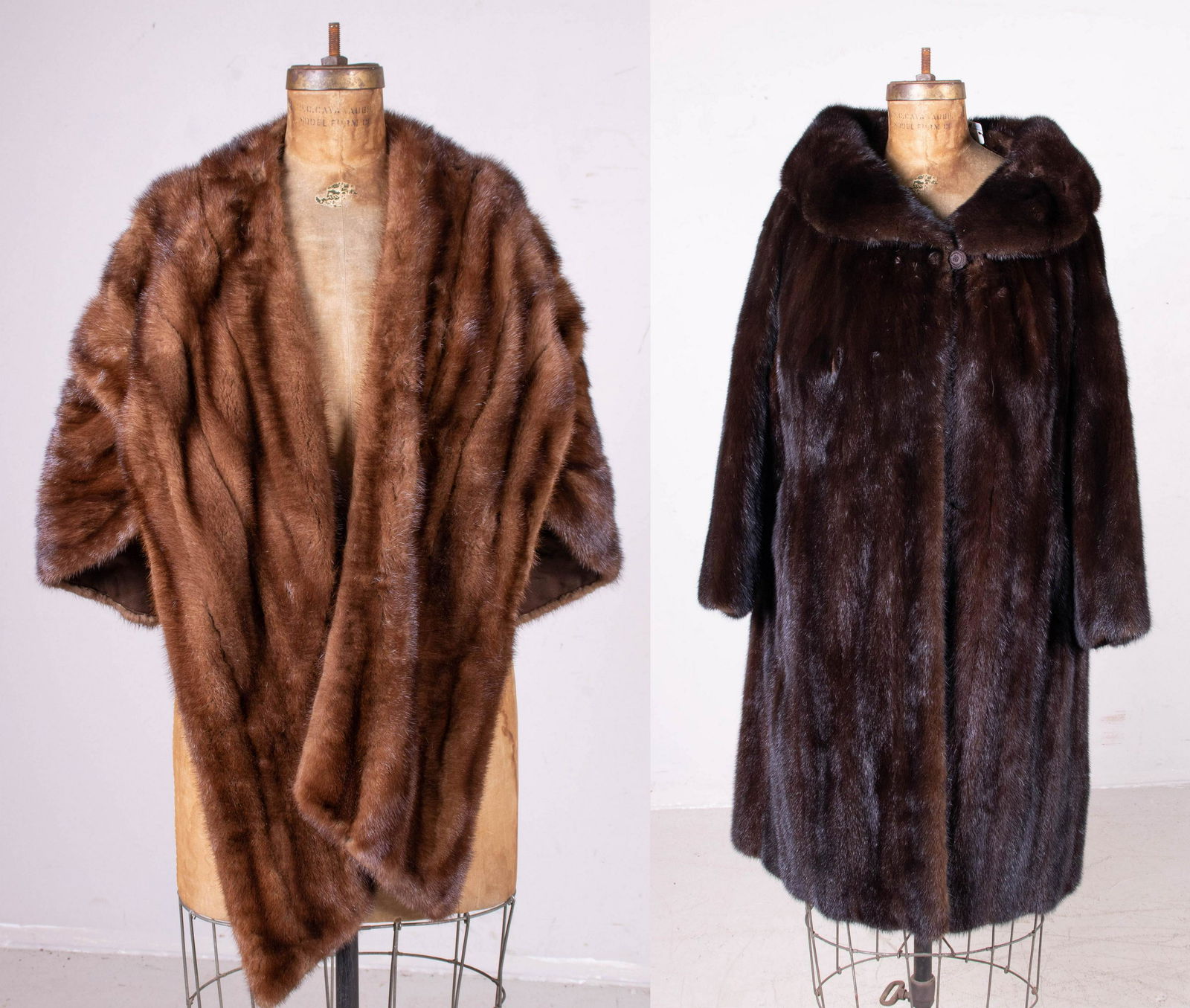 Mink Coat and Stole: Mink coat and stole to include brown mink oversized stole, fabric lined, and 1960's deep chocolate mink coat, oversized collar, flared sleeves and single button closure, 34" shoulder, 40" bust, swing
