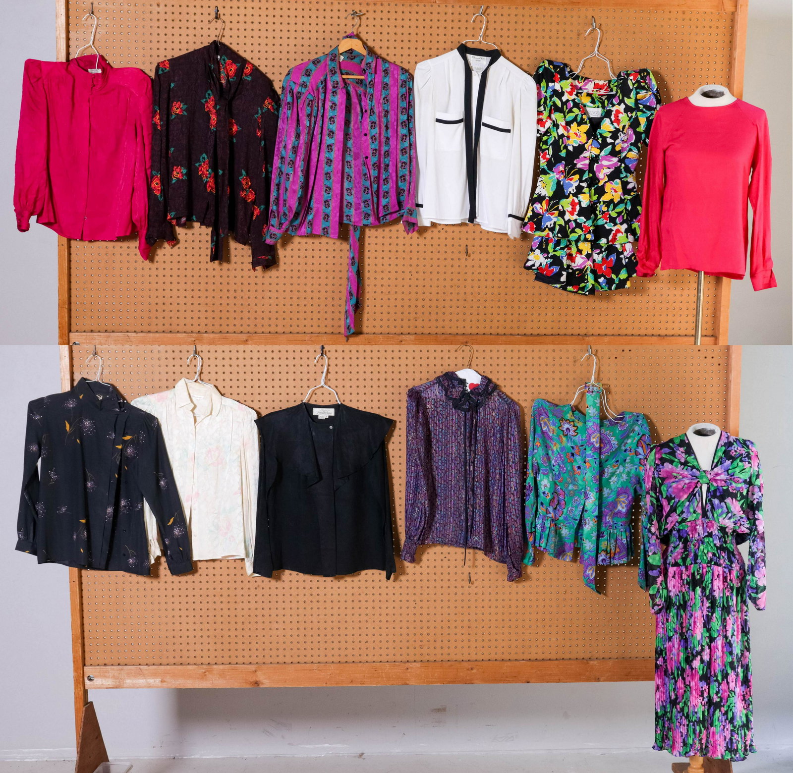 (12) 80's Dresses and Blouses: (12) 80's Dresses and blouses to include Cadaz all silk floral ruffle waist blouse with matched belt, batwing sleeve, 4/6, Lawrence floral skirt and blazer, Diane Fres beaded floral drop waist dress, 