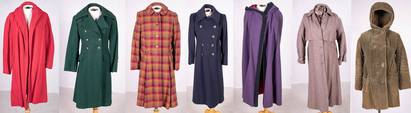 (7) Vintage Ladies Coats: (7) Vintage ladies coats to include B. Altman Co. wide wale corduroy double breasted olive green coat, deadstock Junior Concept wool trench, plaid wool lining and matched scarf, S/M, wool shawl collar